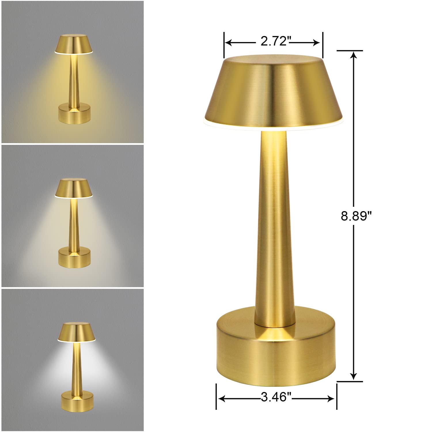 UMEXUS Gold Cordless Rechargeable Table Lamp - 3-Way Dimmable Touch Control Mini Night Light for Bedroom, Bar, Restaurant & Outdoor Use | Portable Battery Operated Metal Desk Lamp for Home Decor & Ambient Lighting