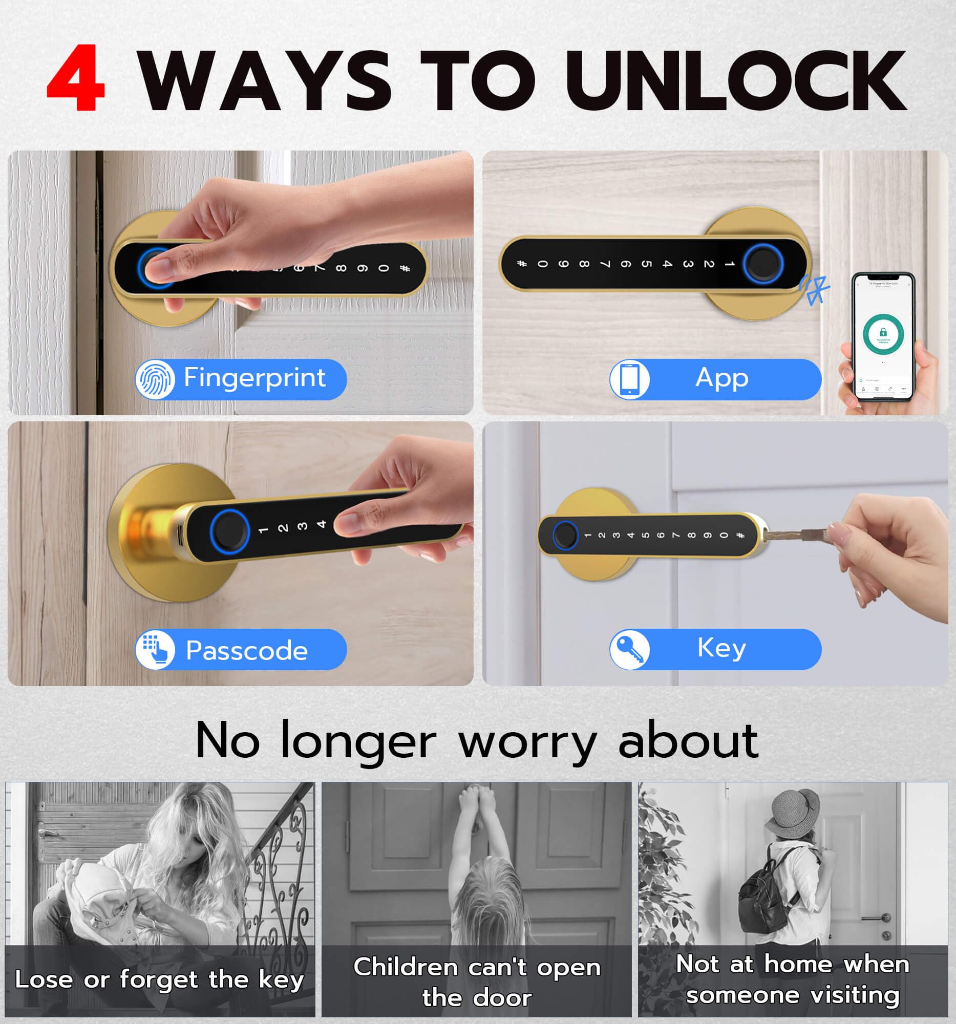 eLinkSmart Fingerprint Door Knob Lock - Keyless Entry Smart Lock with Biometric & Code Keypad - Electronic Security Door Lever for Bedroom, Interior & Indoor Rooms (Gold) | Perfect for Home Security & Smart Access Control