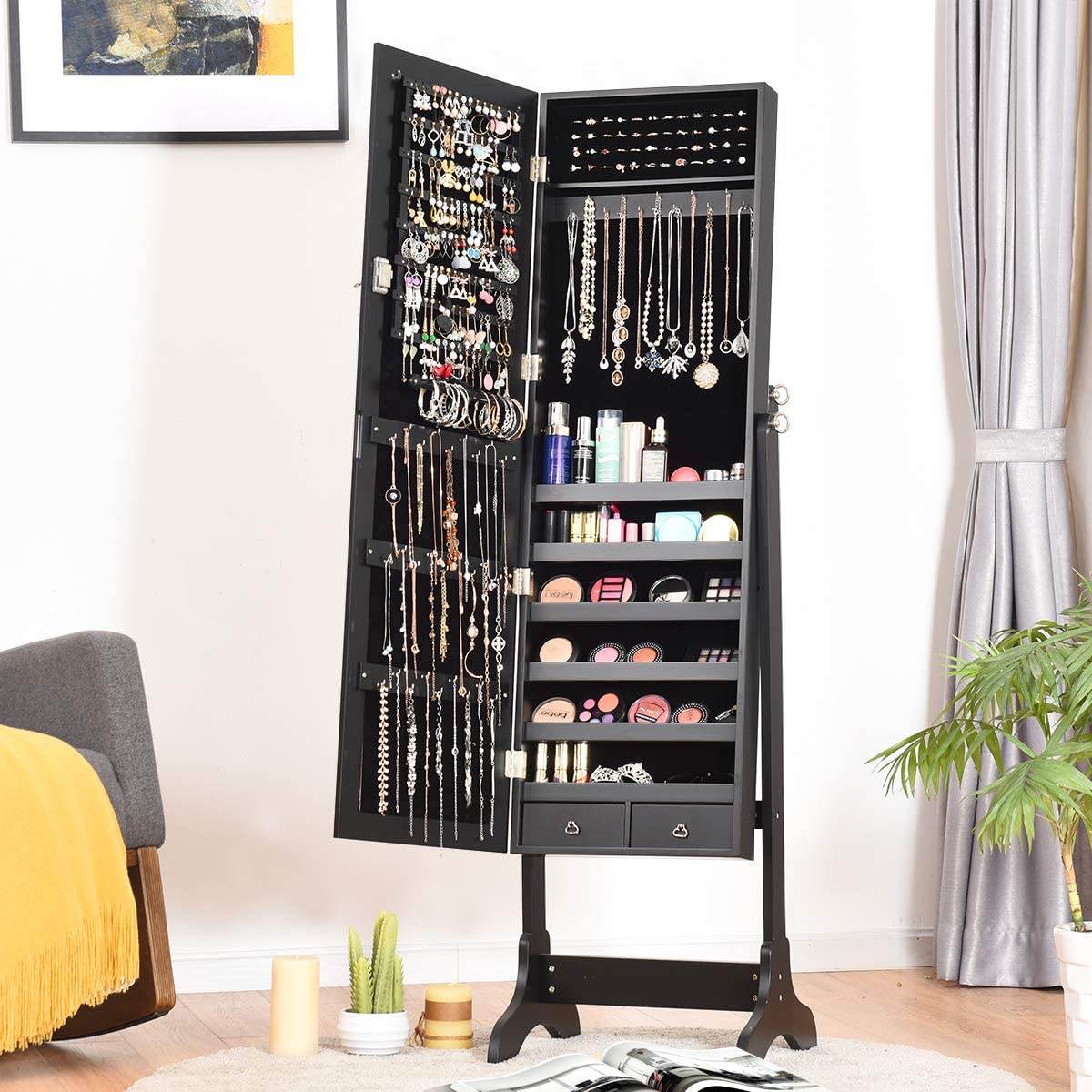 MAT EXPERT Floor Standing Mirror Jewelry Armoire - Lockable Jewelry Cabinet with Full-Length Mirror, Makeup Dressing Storage Organizer with 38 Hooks & 48 Ring Slots, 5 Drawers for Jewelry & Accessories (Black) - Perfect for Bedroom, Closet & Vanity Organization