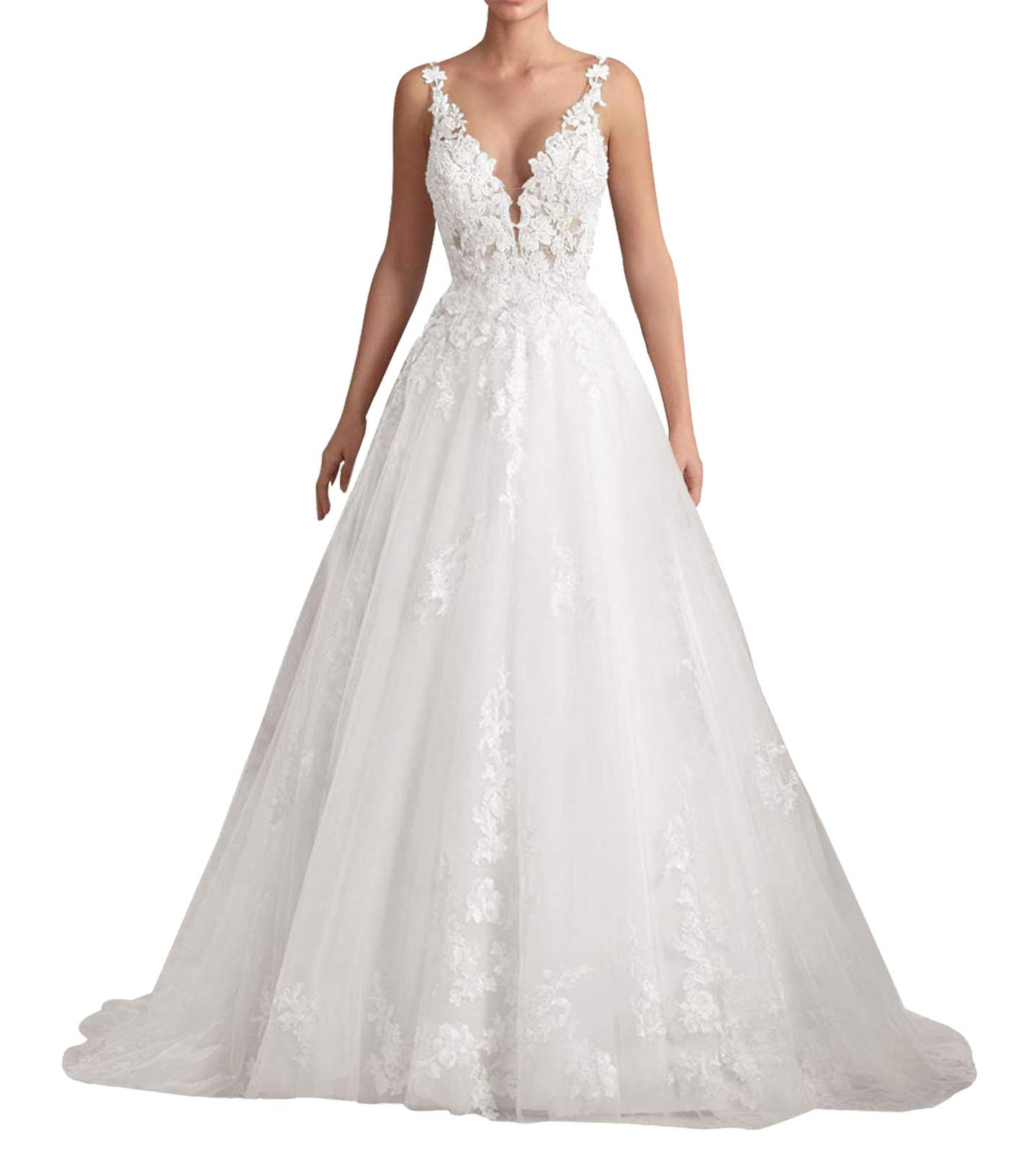 Elegant Lace Appliques A-Line Wedding Dress for Bride - V-Neck Bridal Gown for Church, Beach & Garden Ceremonies