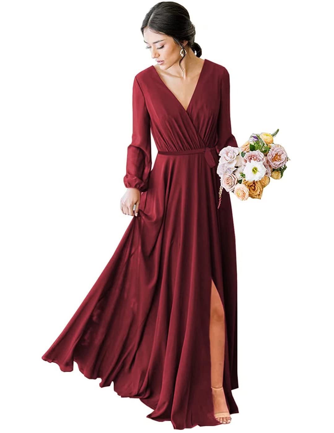 Verngo Women's V-Neck Long Sleeve Chiffon Bridesmaid Dress - Faux Wrap Formal Prom Gown with Thigh Slit | Perfect for Weddings, Parties & Special Occasions