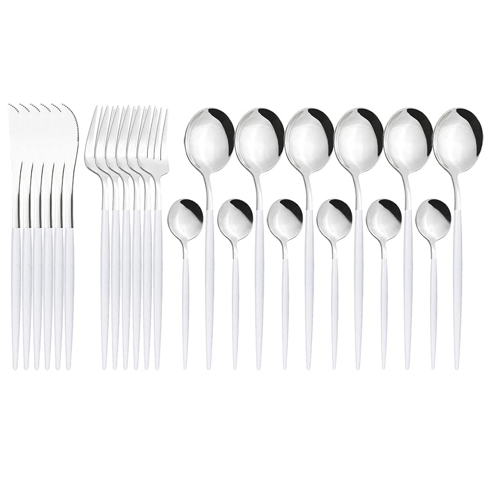 24-Piece Stainless Steel Silverware Flatware Set - Gold-Toned Dinner Knives, Forks & Coffee Spoons - Elegant Cutlery for Dining, Kitchen & Table Setting (White Silver) - Perfect for Restaurants, Weddings & Dinner Parties
