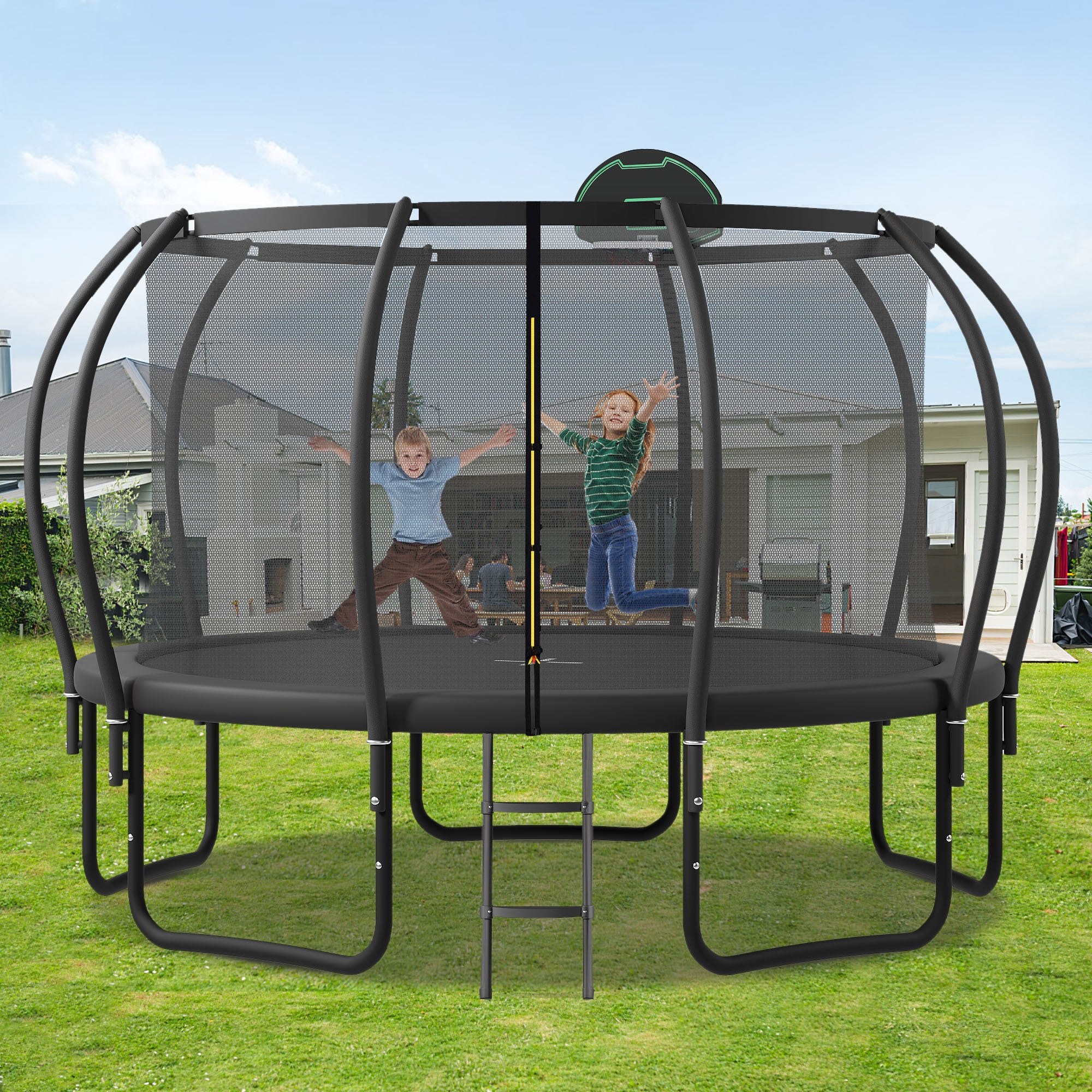 12FT Kids Trampoline with Safety Enclosure - Upgraded ArcPole & Composite TopLoop, Includes Basketball Hoop & 10 Ground Stakes | Outdoor Backyard Play Equipment for Physical Exercise & Family Fun | Perfect for Birthday Gifts, Garden Activities & Kids Fitness Training