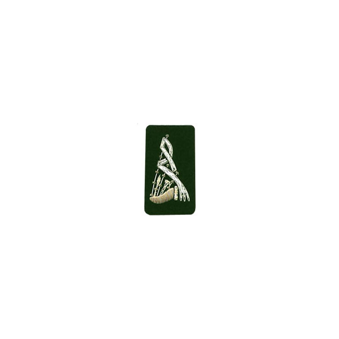 Authentic Silver Bullion Bagpipe Badge on Green Background - Perfect for Scottish Heritage Events, Pipe Band Uniforms & Celtic Decor