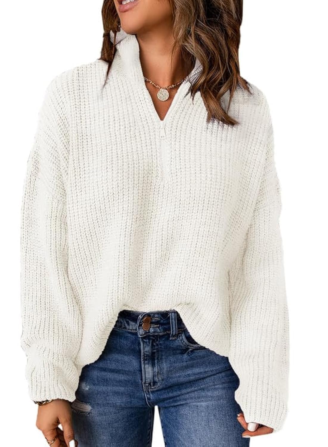 Dokotoo Women's Long Sleeve 1/4 Zip Pullover Sweater - V Neck Polo Style Casual & Dressy Top for Work, Office & Everyday Wear