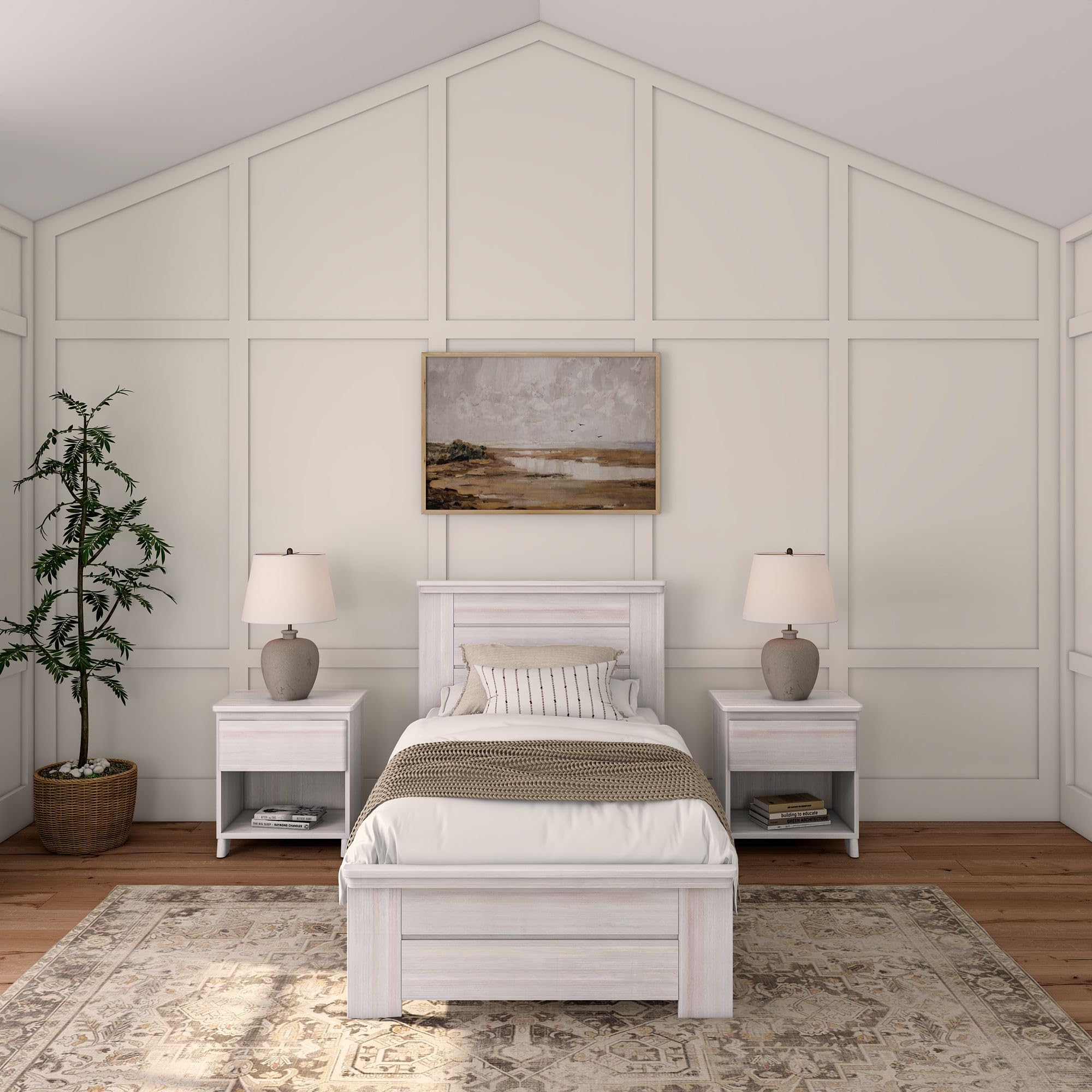 Rustic Wood Twin Bed Frame with Headboard - Solid White Wash Platform Bed for Kids & Guest Rooms - Durable & Stylish Bedroom Furniture for Cozy Spaces