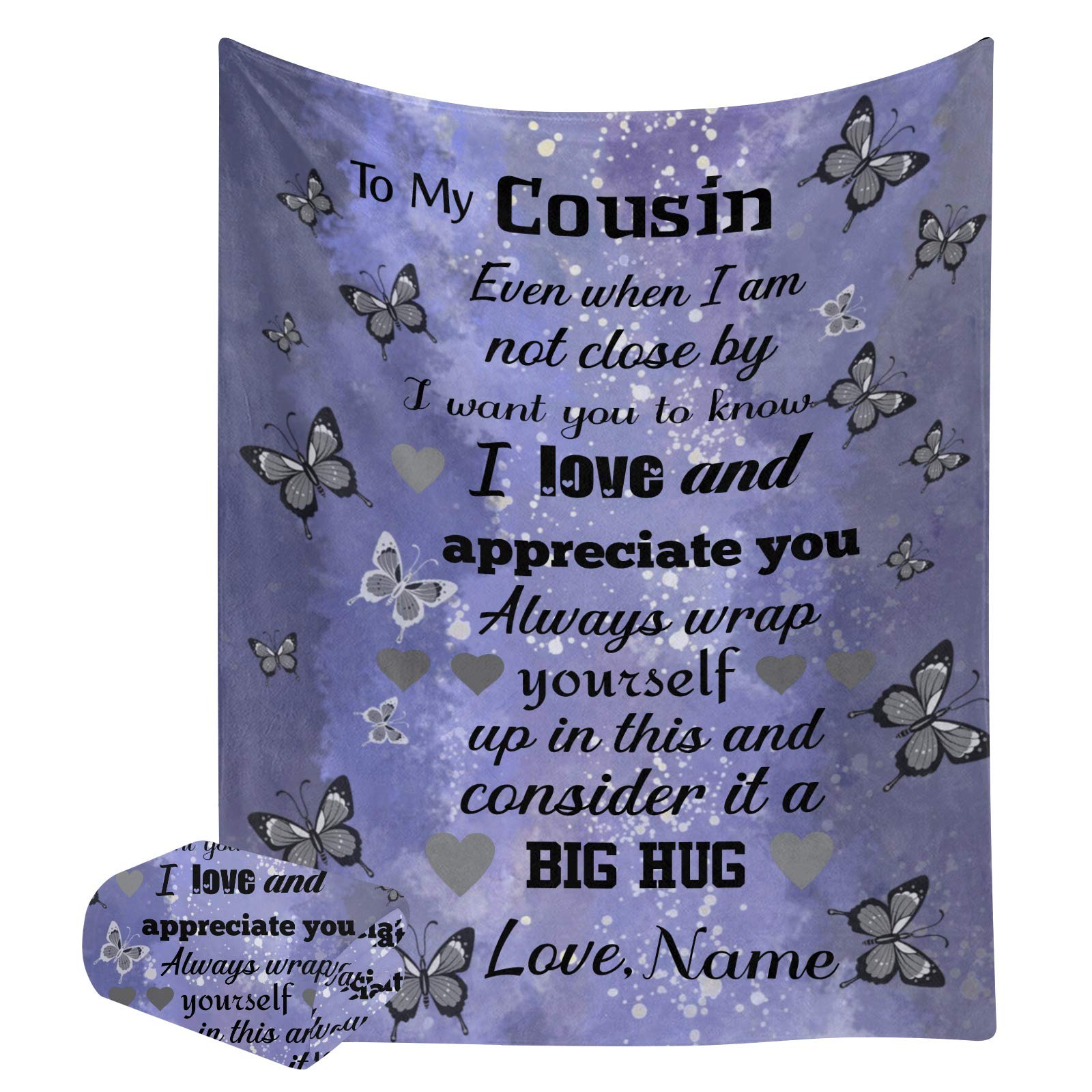 Personalized Black & Grey Butterfly Fleece Throw Blanket 50x60 Inch - Super Soft Blanket with Custom Name Text for Cousin, Baby, Kids & Adults - Perfect for Bed, Sofa & Gift Giving