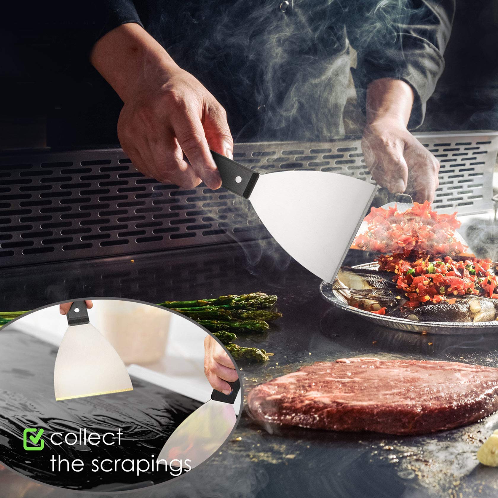 Stainless Steel Grill Griddle Scraper Set of 2 - Heavy Duty Metal Flat Top Grill Cleaner for Pancakes, Pizza, Teppanyaki & BBQ - Dishwasher Safe with Slanted Edge - Perfect for Home Baking, Camping & Outdoor Cooking