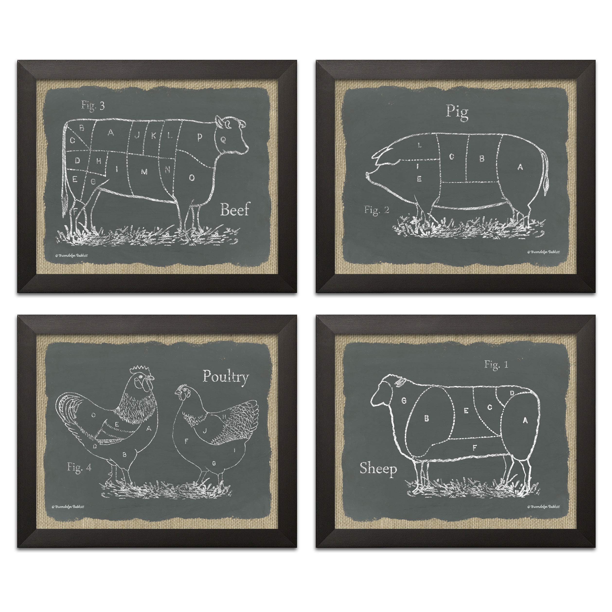 Farm Animal Wall Art - 4pc 10x8in Black Framed Chalkboard Prints for Kitchen Decor