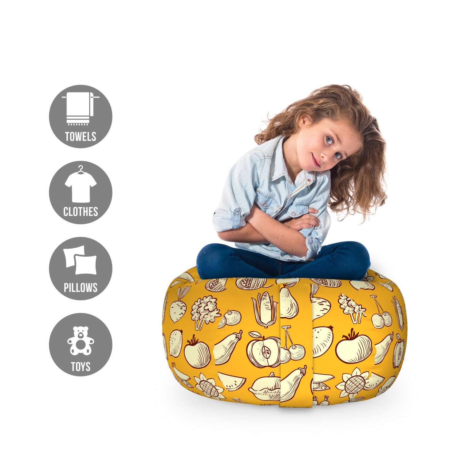 Ambesonne Washable Food Storage Toy Bag Chair - Small Size Pale Orange & Yellow with Fruits and Vegetables Pattern - Stuffed Animal Organizer for Kids' Room, Playroom, or Nursery Storage Solution