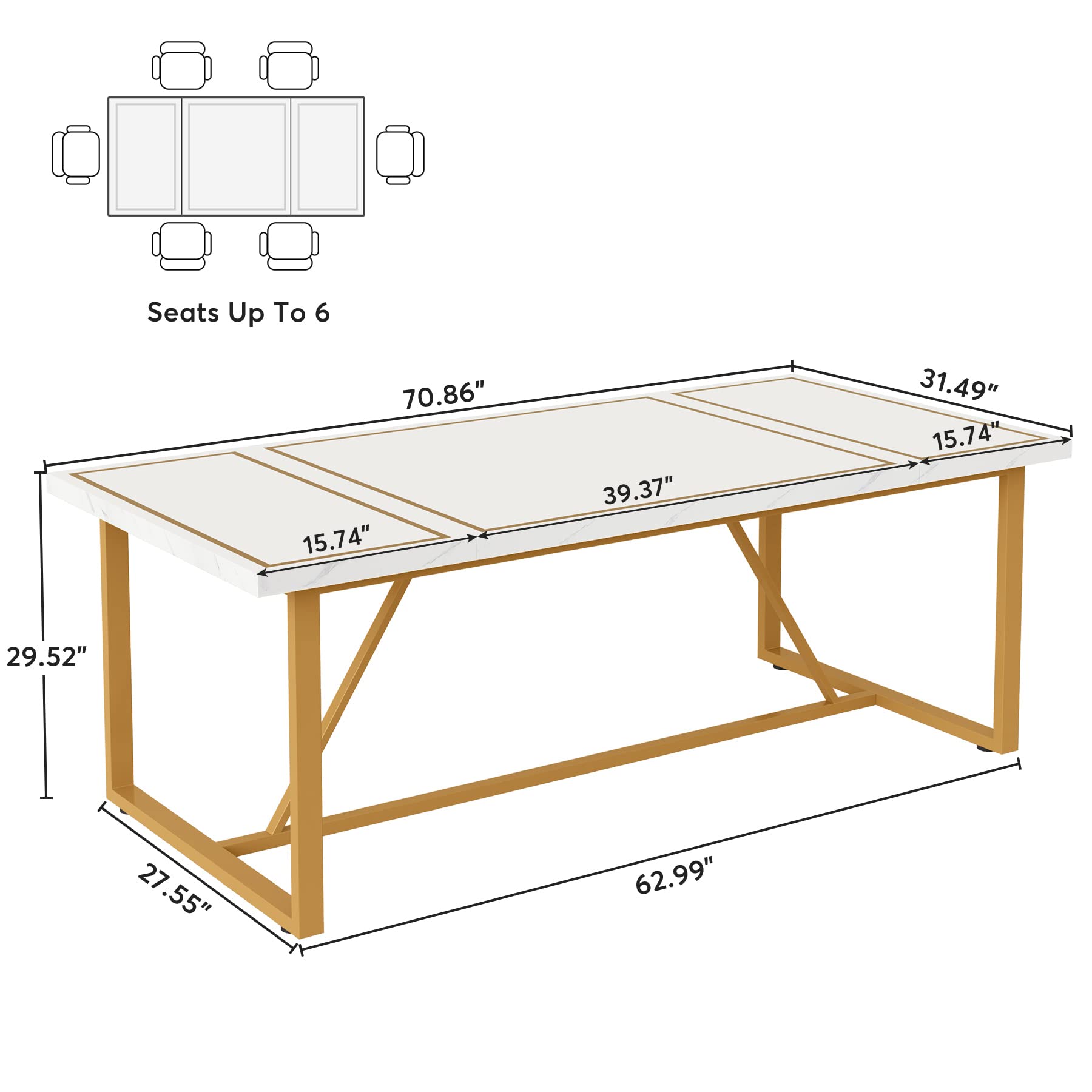 Tribesigns 70.9 Inch Modern Dining Table for 6-8 People, White Rectangular Kitchen Table with Gold Metal Base - Perfect for Dining Room, Kitchen & Small Space Living Areas
