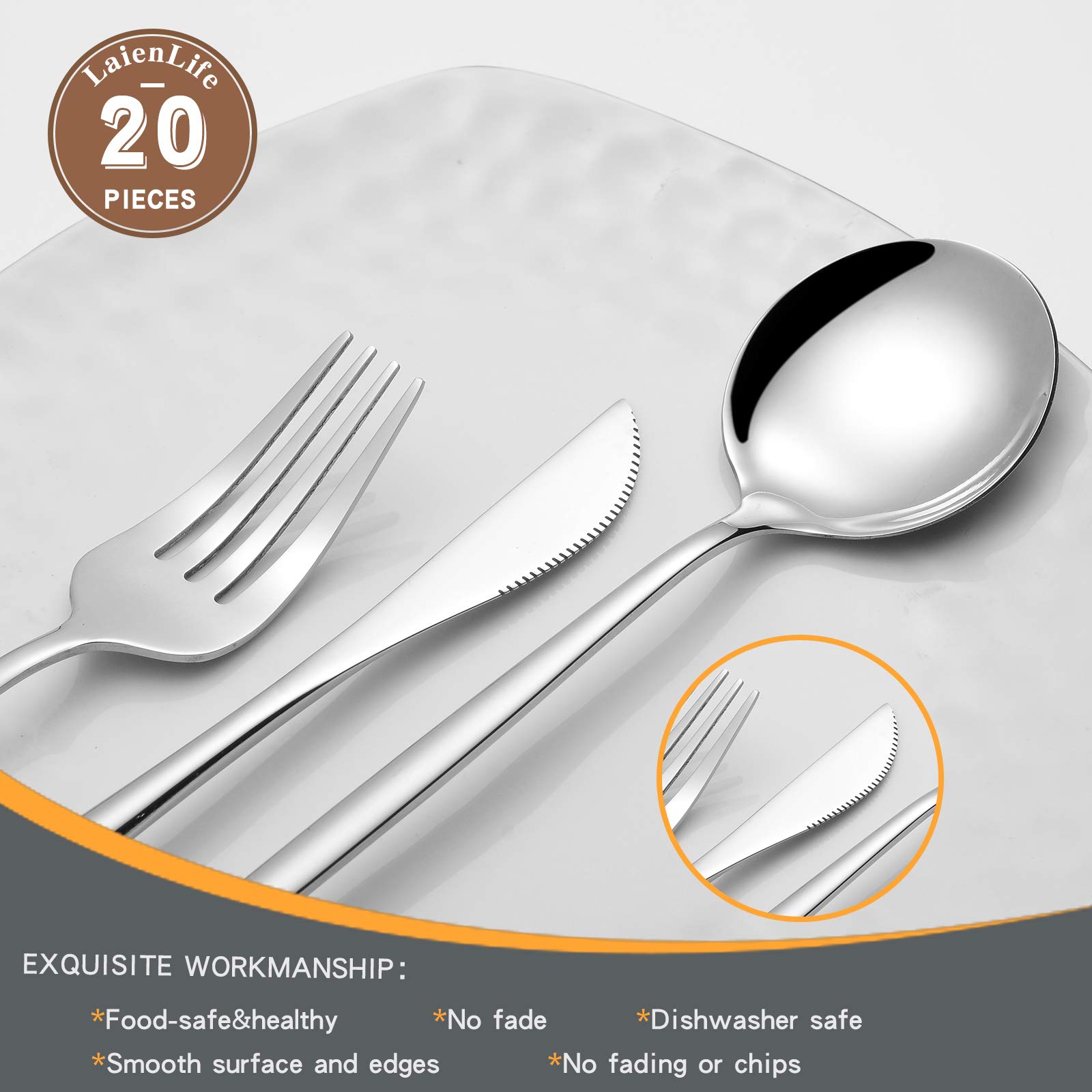 20-Piece Stainless Steel Flatware Set for 4 - Modern Mirror Finish Silverware with Long Forks, Spoons & Knives - Dishwasher Safe Cutlery Set for Home, Restaurant & Dinner Parties - Elegant Tableware by LaienLife