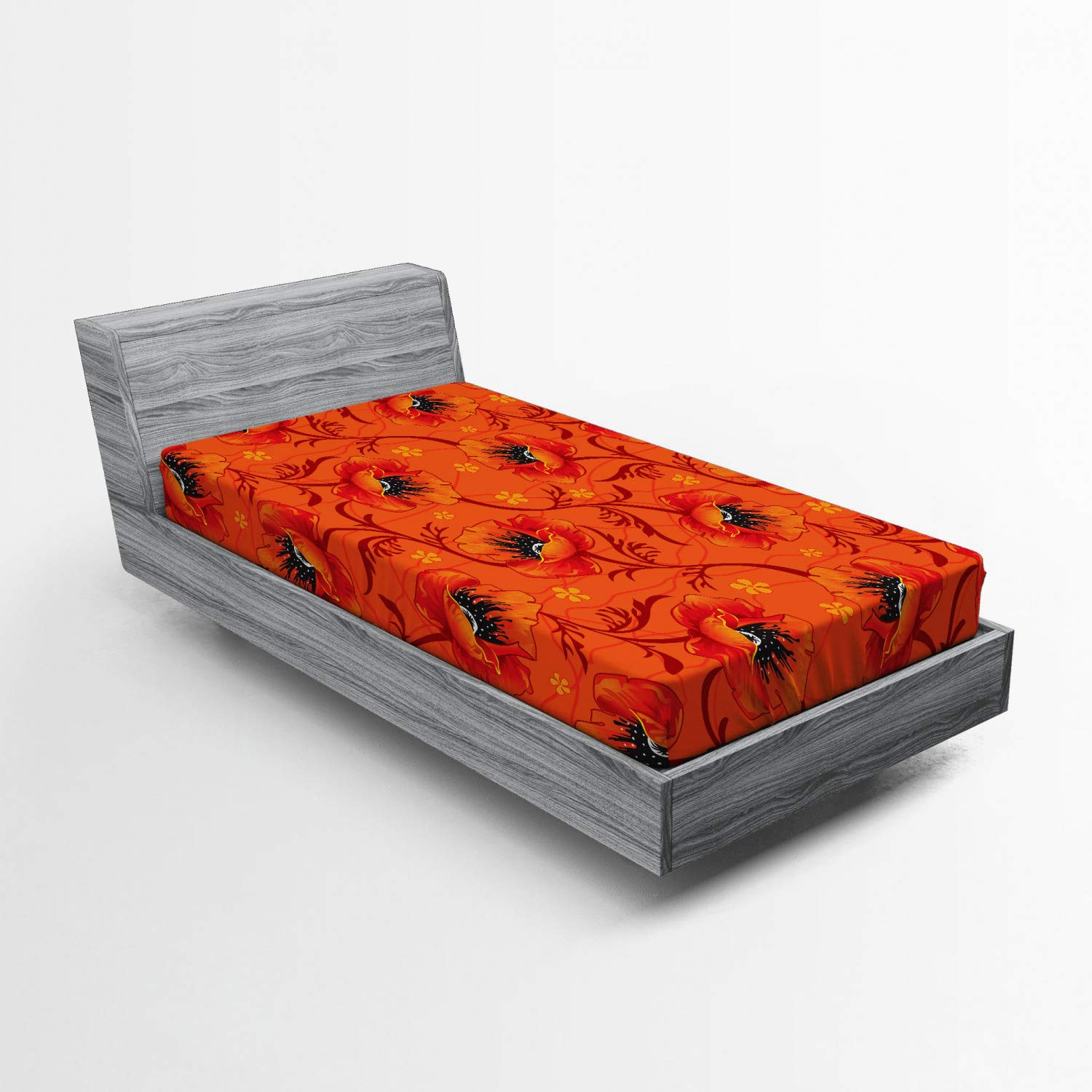 Ambesonne Orange Fitted Sheet - Bohemian Poppy Flower Print Deep Pocket Twin Size Bed Sheet, Burnt Orange & Yellow, Soft Wrinkle-Resistant Fabric for Comfortable Sleep | Perfect for Guest Rooms, Dorms & Bohemian Bedroom Decor