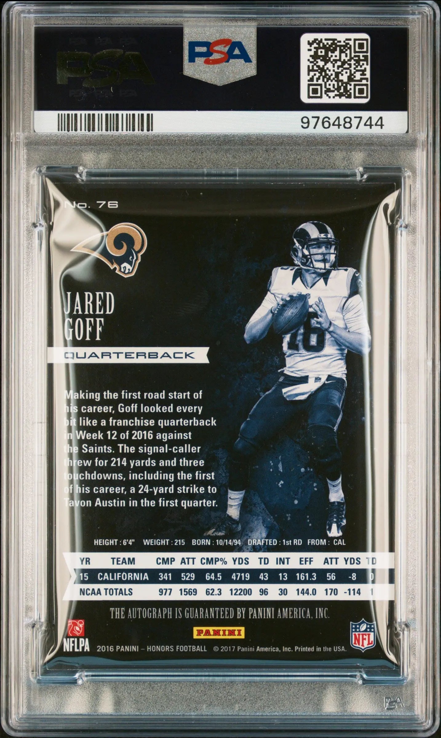 2016 Panini Honors Jared Goff Rookie Card Auto Gold PSA 8 01/50 #76 - Rare Collectible for Football Fans & Sports Memorabilia Enthusiasts