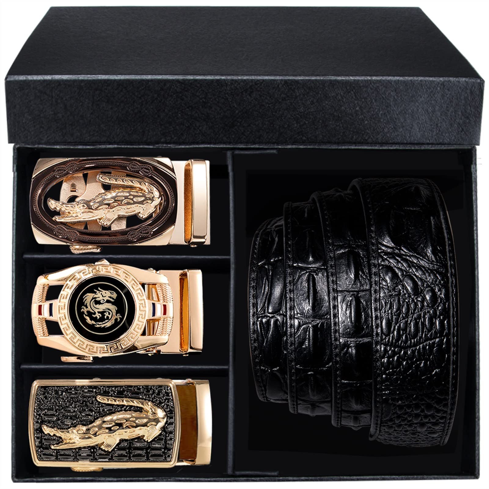 Men's Luxury Automatic Buckle Leather Belt - Adjustable Dress Belt with Gift Box, Gold & Black (130cm) - Perfect for Casual, Office & Formal Occasions
