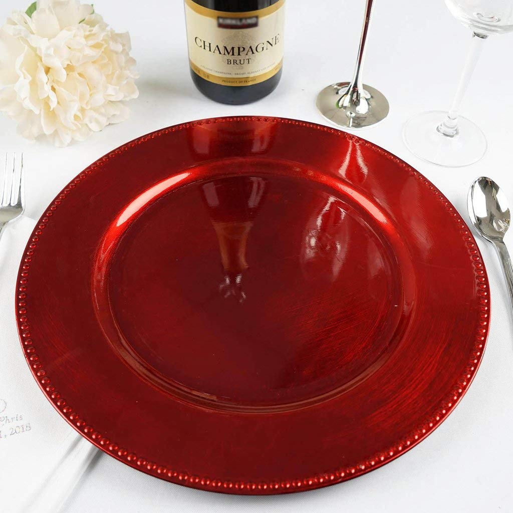 Tiger Chef 13-inch Round Beaded Charger Plates for Weddings & Events - Set of 96 Red Decorative Dinner Plate Chargers - Elegant Table Setting for Banquets, Parties & Fine Dining