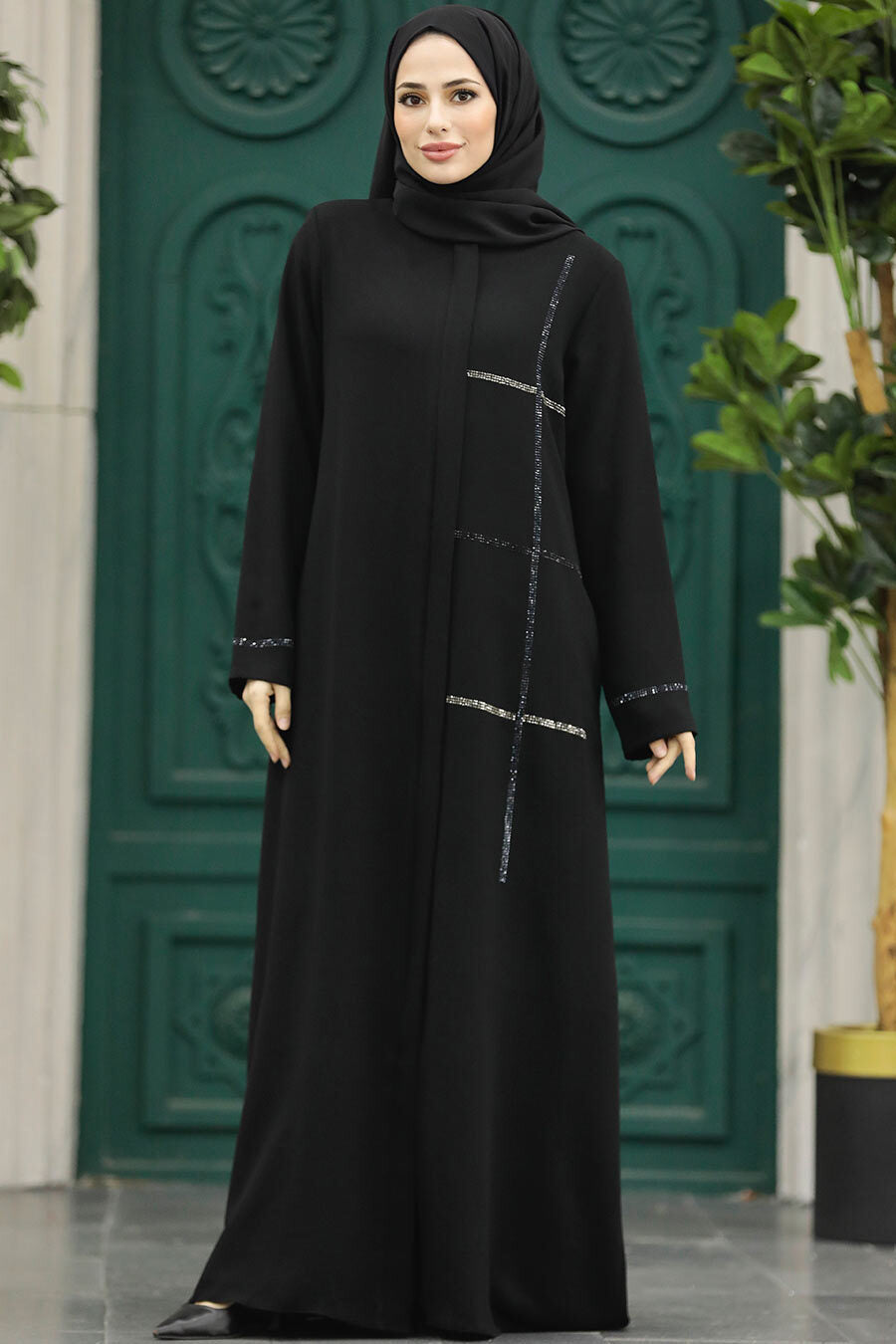 Aziza Long Black Abaya with Side Pockets & Elegant Details - Modest Islamic Dress for Women | Perfect for Prayer, Mosque & Special Occasions