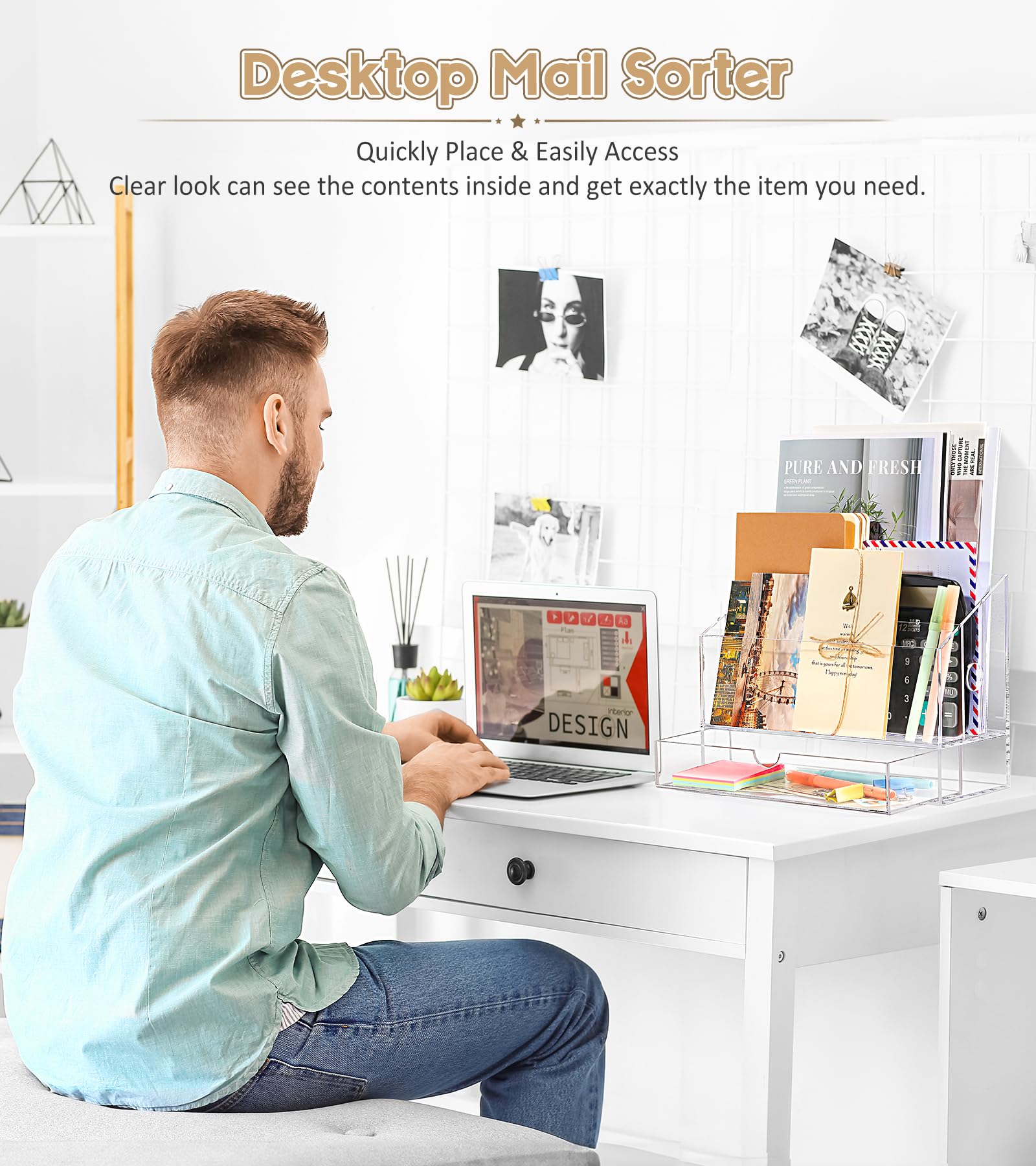 Clear Acrylic Desk Organizer with 3 Compartments & Drawer - Letter Paper Document Sorter, Mail Holder for Home Office, Study Desk - Perfect for Organizing Bills, Files, and Office Supplies