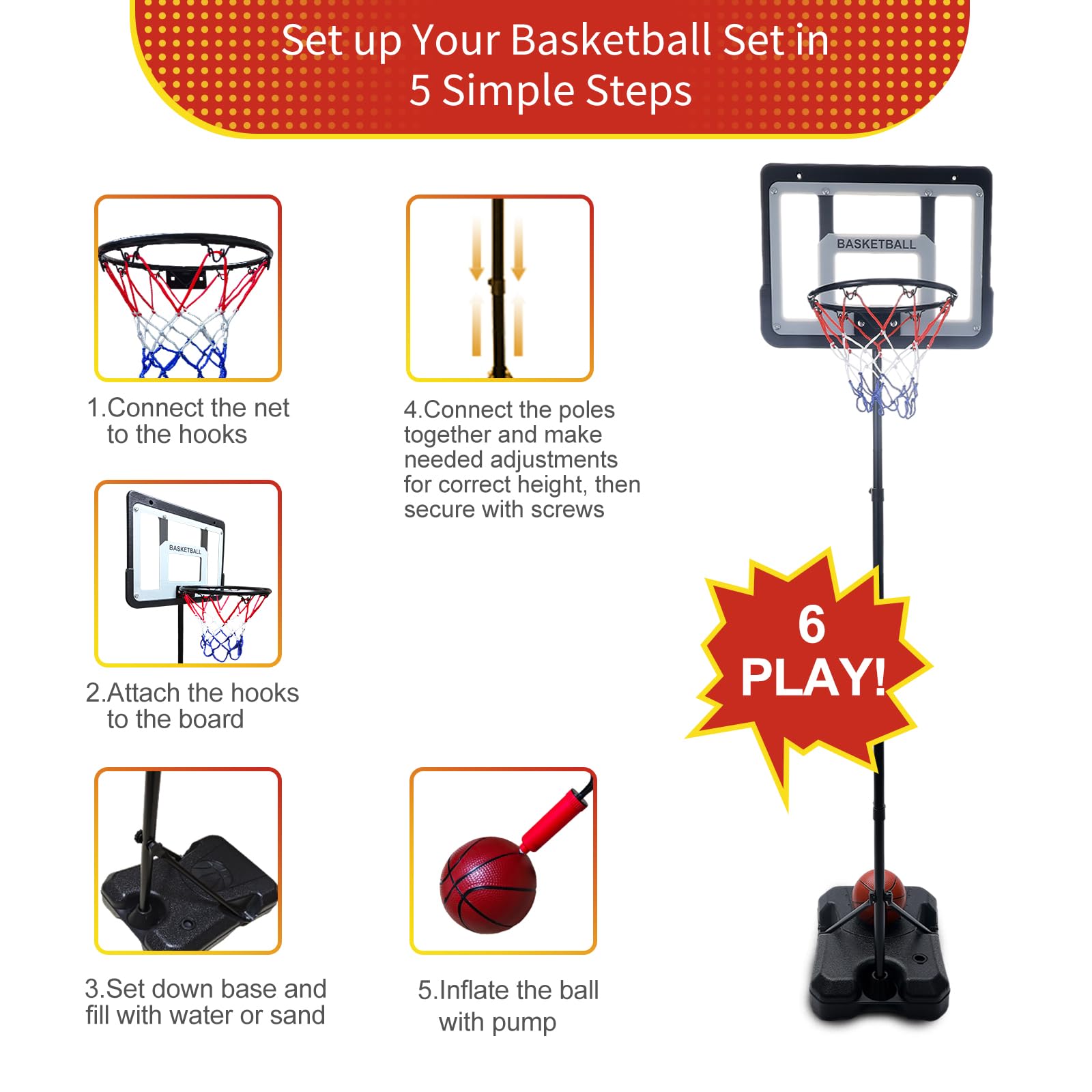 Adjustable Kids Basketball Hoop 2.9-6.2ft - Indoor/Outdoor Toy for Ages 3-8 - Perfect for Backyard & Playroom
