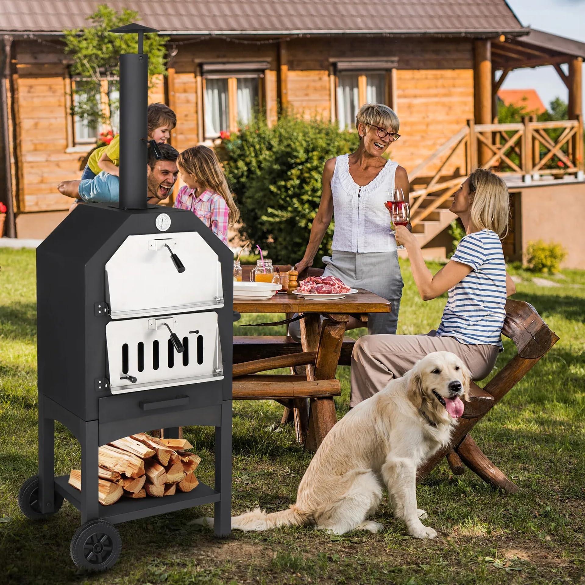 Premium Wood-Fired Outdoor Pizza Oven with Wheels - Portable Pizza Maker Kit Includes Pizza Stone, Peel, Grill Grate & Protective Cover - Perfect for Camping Trips, Backyard BBQs, Garden Parties & Outdoor Cooking Adventures (Square Design)