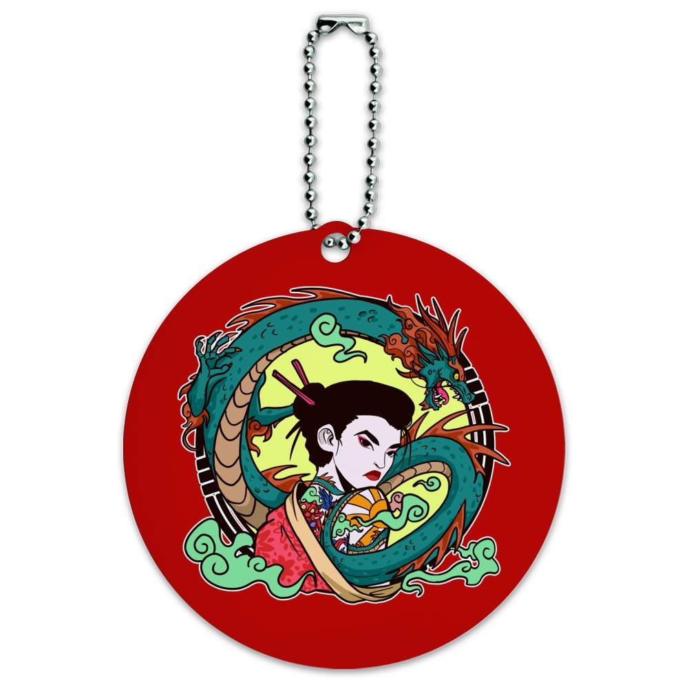 Geisha Dragon Tattoo Round Luggage ID Tag - Unique Japanese Design Suitcase Name Tag for Travel Bags & Carry-Ons - Perfect for Airports, Business Trips & Vacation Identification