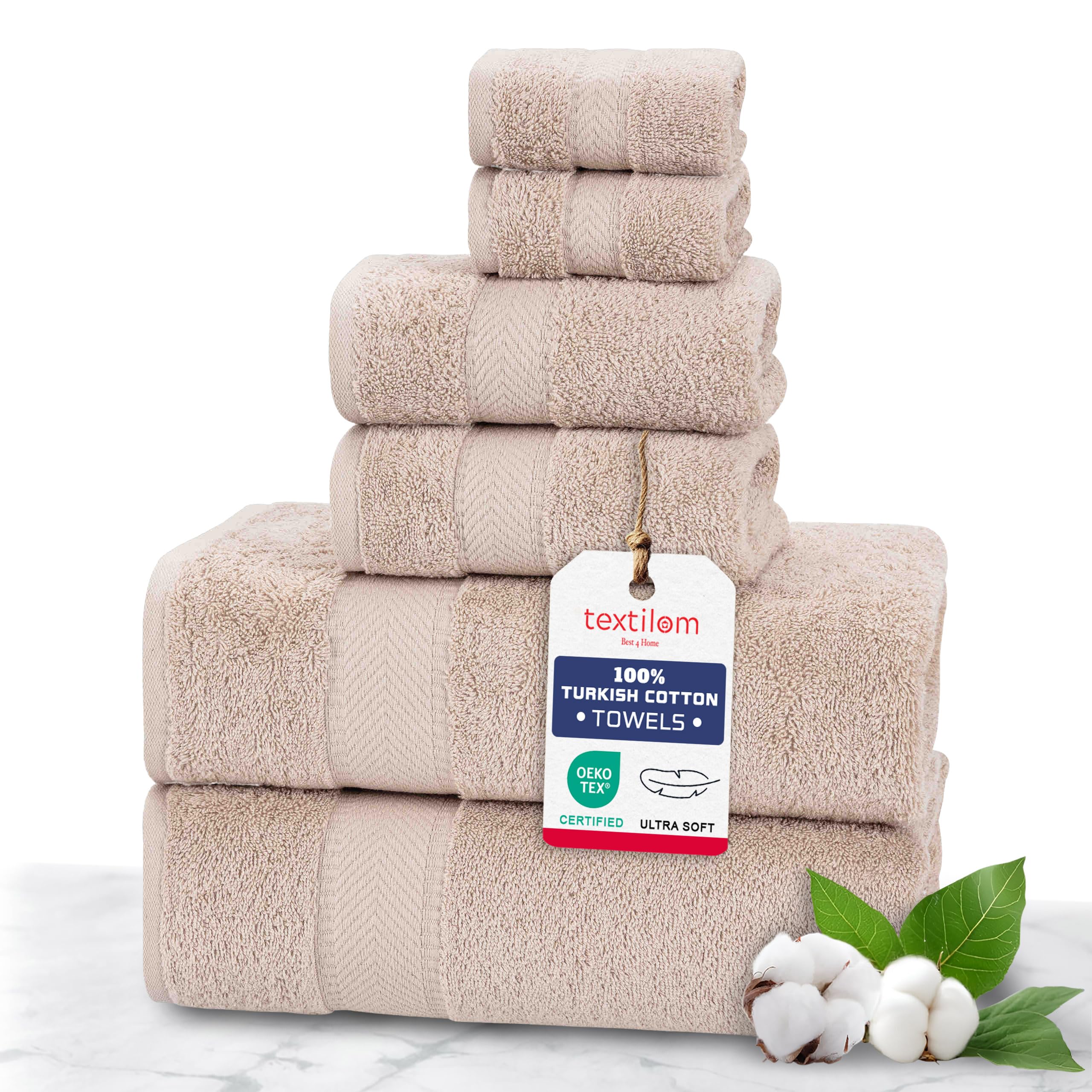 Premium 6-Piece Turkish Cotton Bath Towel Set - 100% Organic Cotton, Ultra Soft & Highly Absorbent - Includes 2 Bath Towels, 2 Hand Towels, 2 Washcloths (Beige) - Perfect for Spa, Hotel, and Luxury Home Bathrooms