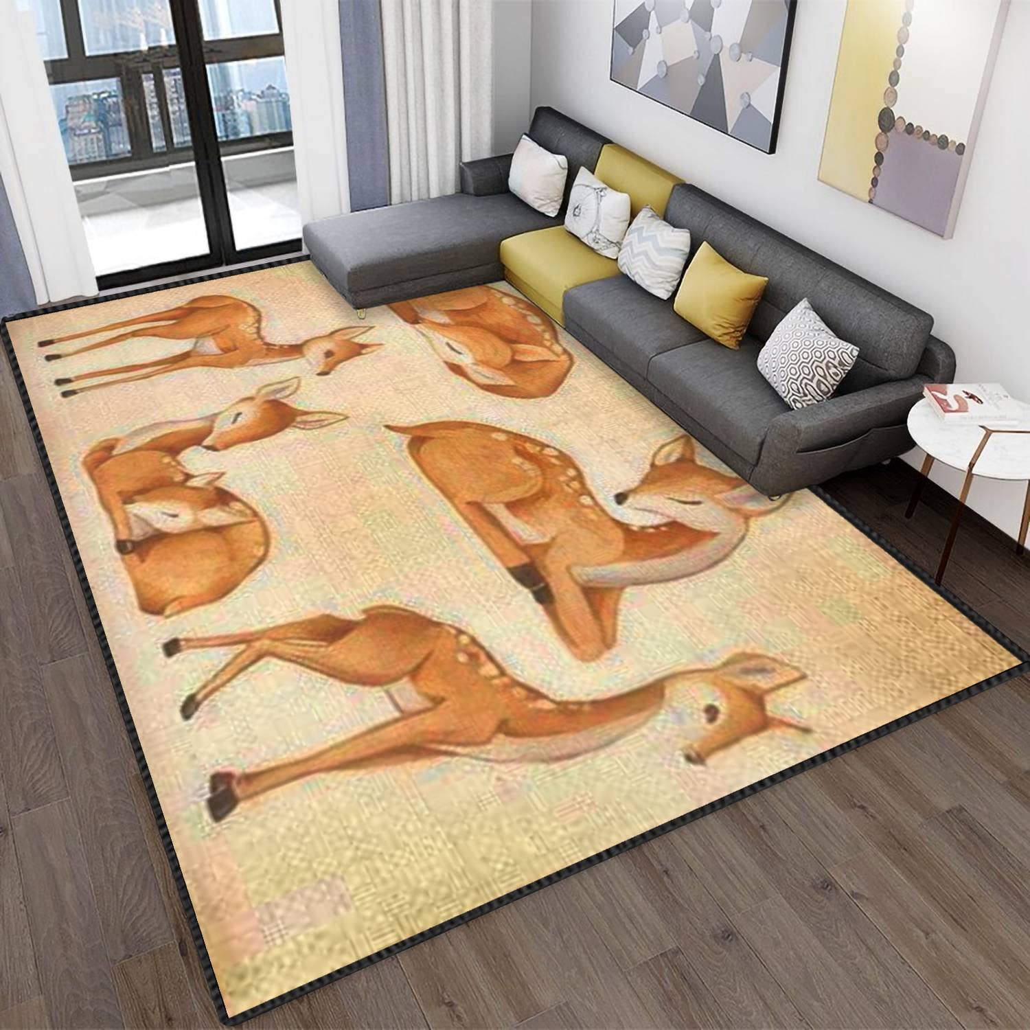 MJKIODPEV 5'×8' Watercolor Deer Nursery Rug - Soft Non-Slip Indoor/Outdoor Baby Room Carpet for Living Room, Bedroom, Dorm Decor | Perfect for Play Areas, Nursery Floors & Cozy Home Spaces