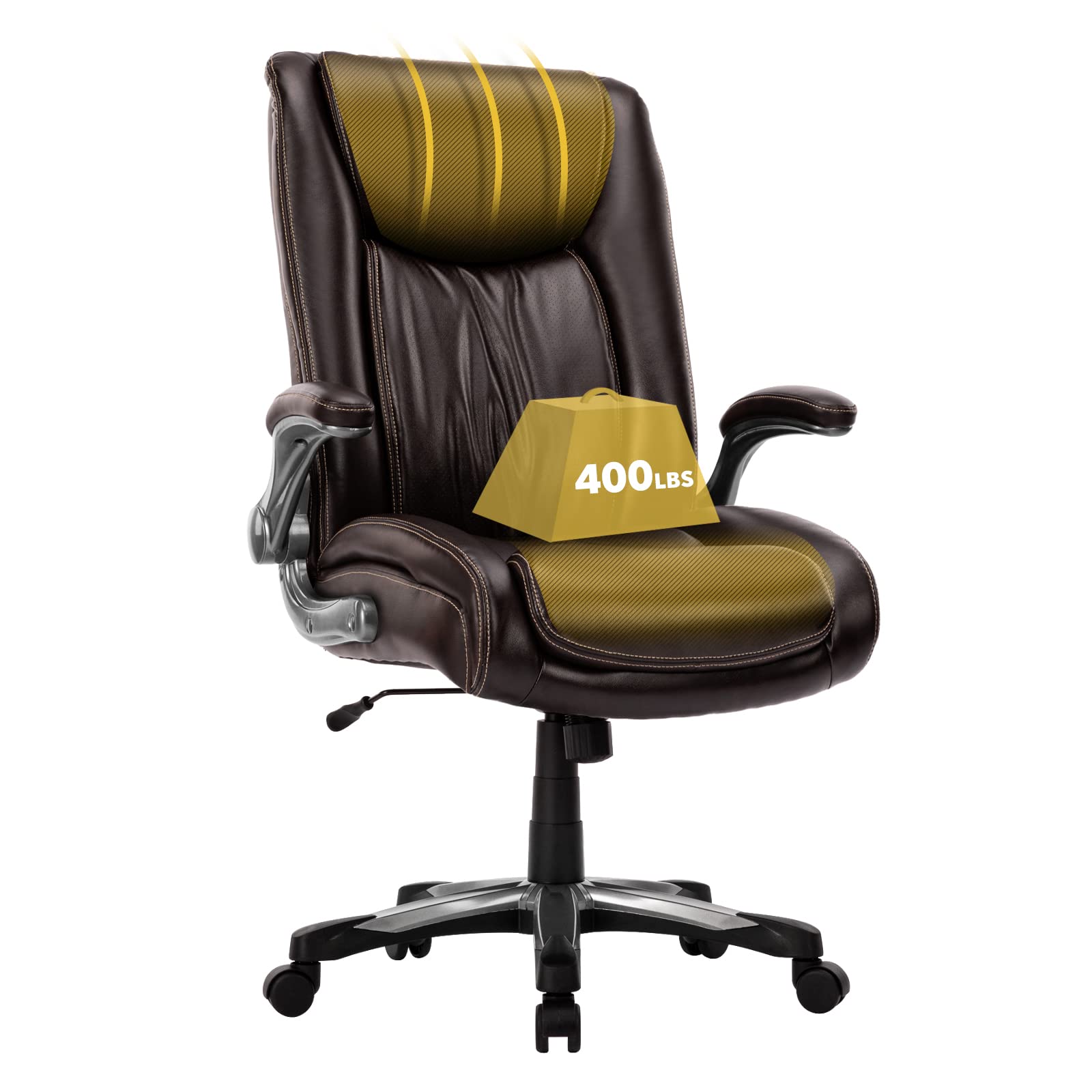 COLAMY Big and Tall Office Chair 400lbs - Heavy Duty High Back Executive Desk Chair with Flip-Up Arms & Wide Seat - Ergonomic Computer Chair for Home Office (Brown) - Perfect for Long Work Hours & Large Individuals