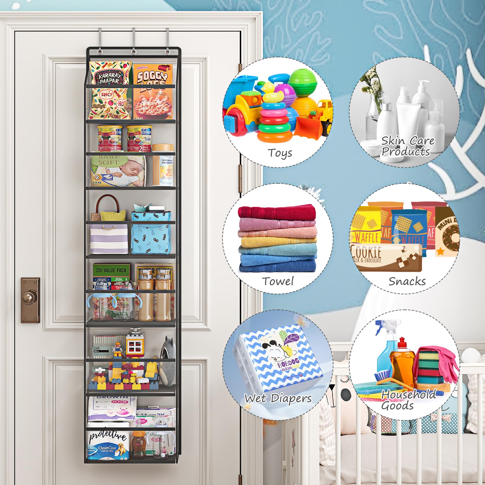 Fixwal 6-Shelf Over The Door Hanging Pantry Organizer - Heavy Duty Clear Plastic Pockets Storage for Closet, Bedroom, Bathroom - Space Saving Grey Behind The Door Organizer for Kitchen, Dorm, Laundry Room