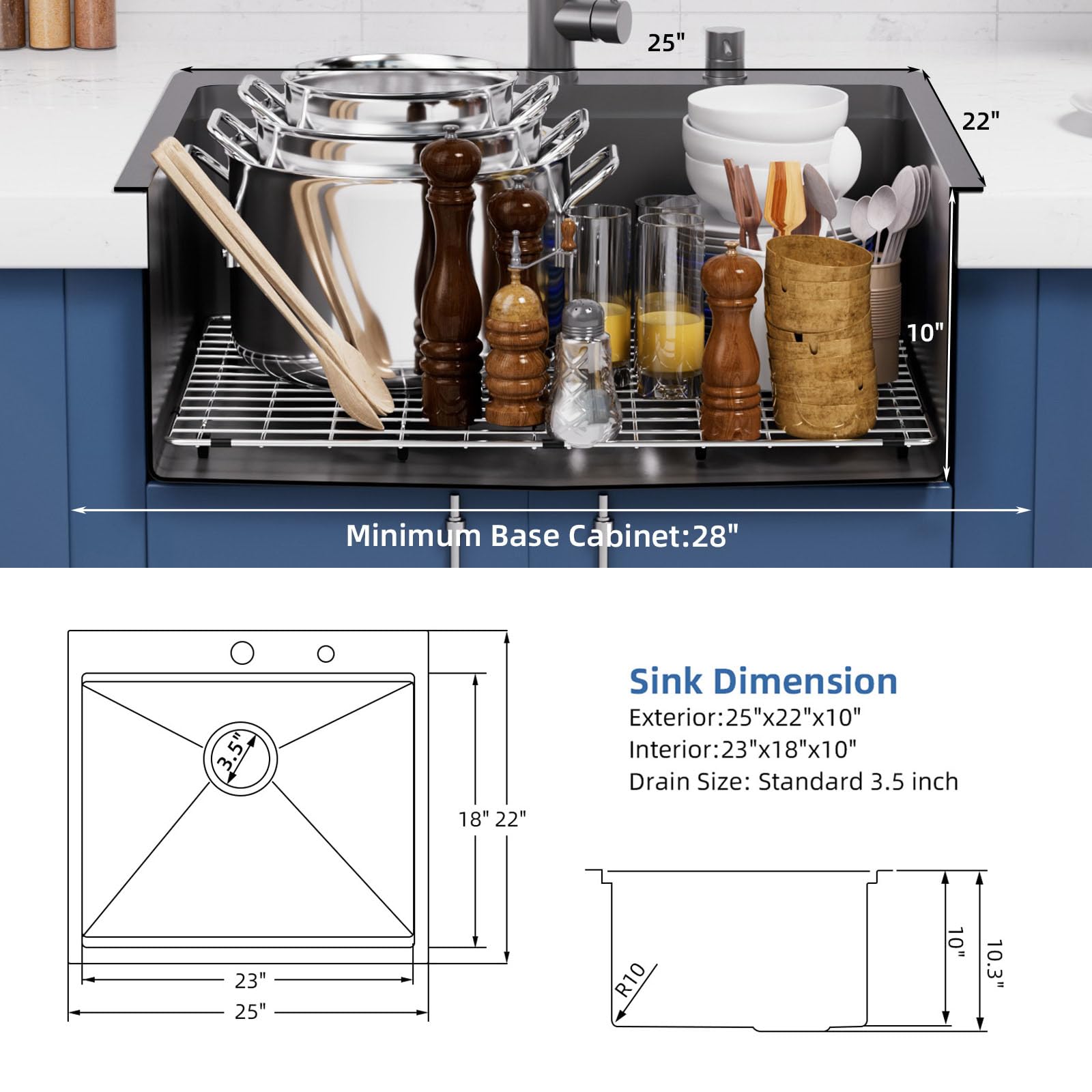 Davivy 25 x 22 x 10 Inch Black Stainless Steel Drop-in Kitchen Sink - 16 Gauge Gunmetal Finish, Single Bowl Topmount Workstation Sink for Modern Kitchens | Perfect for Meal Prep, Dishwashing & Small Space Cooking
