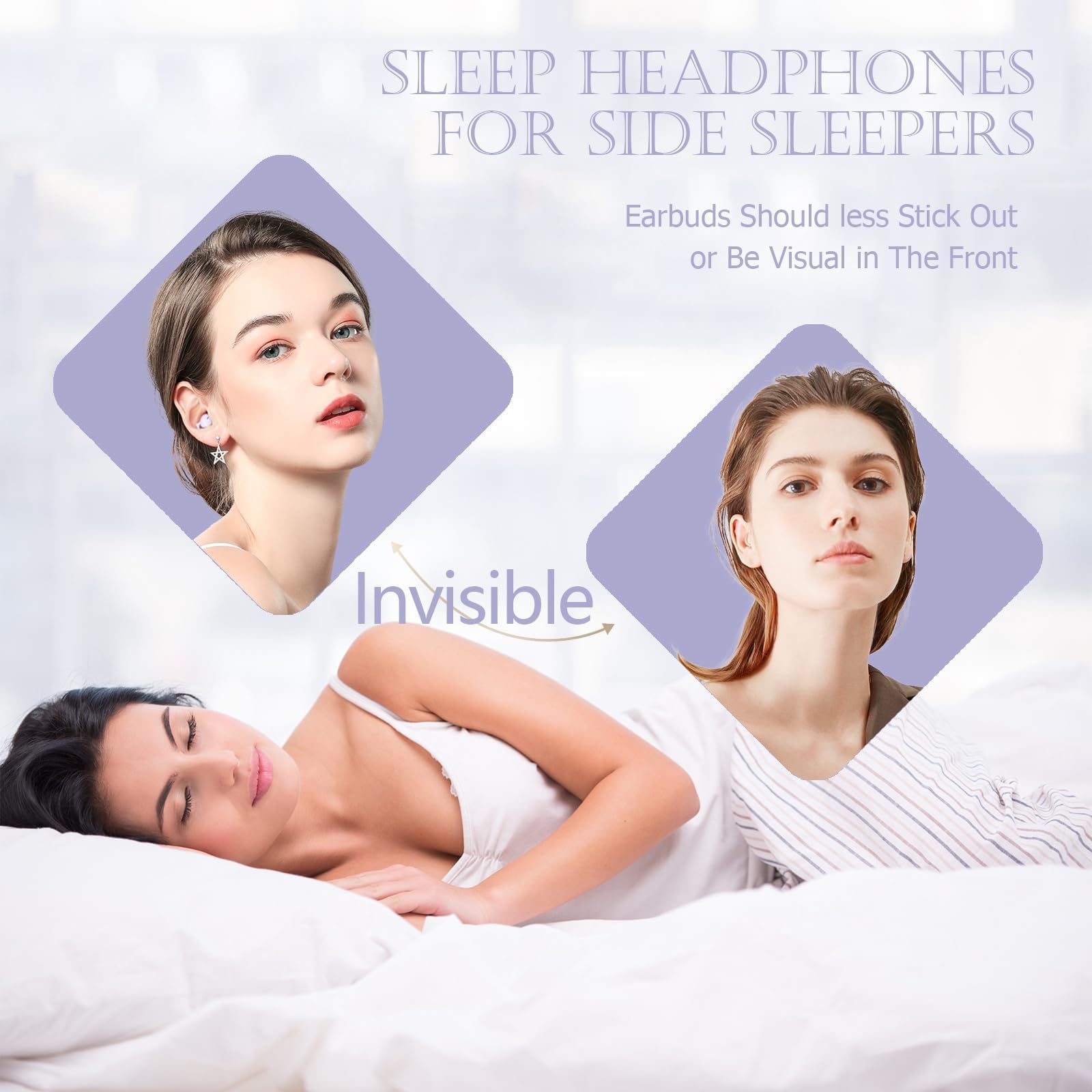 Xmenha Invisible Purple Bluetooth Sleep Earbuds for Side Sleepers - Wireless Noise Canceling Tiny Earbuds for Small Ears, Comfortable Hidden Headphones for Nighttime Use, Travel & Meditation