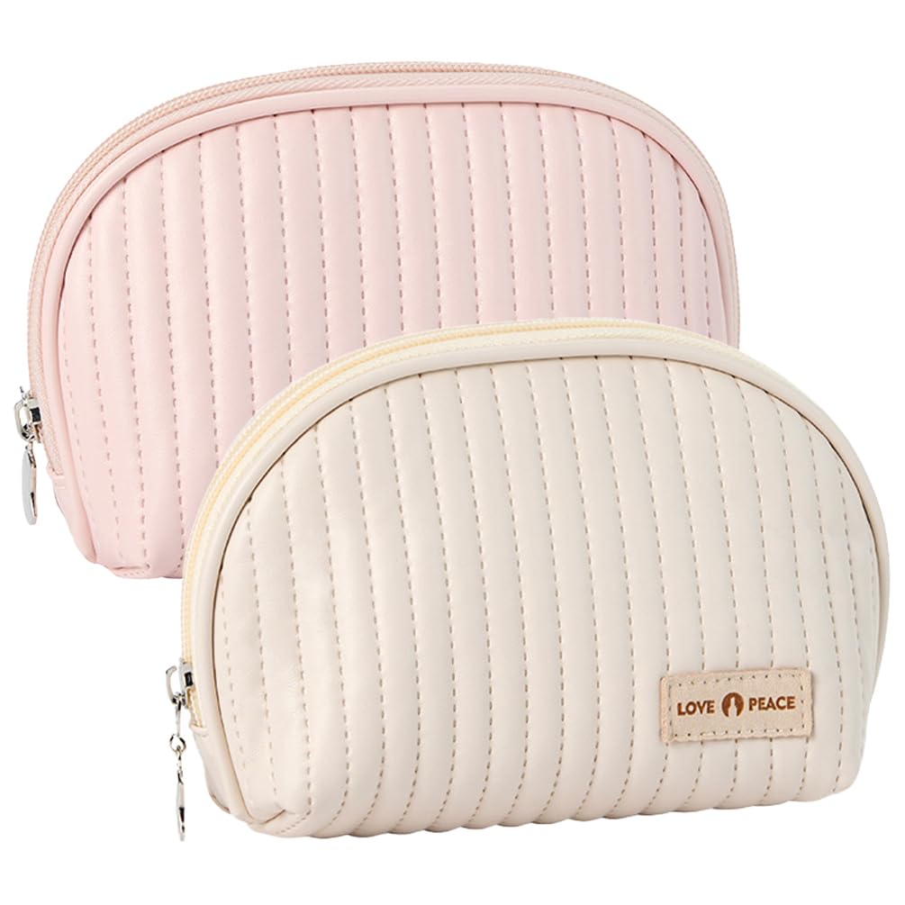 Mini Makeup Pouch with Zipper - Small Cosmetic Bag for Purse, Cute Pink & Cream Travel Organizer for Daily Essentials & Period Products | Perfect for School, Office & Travel