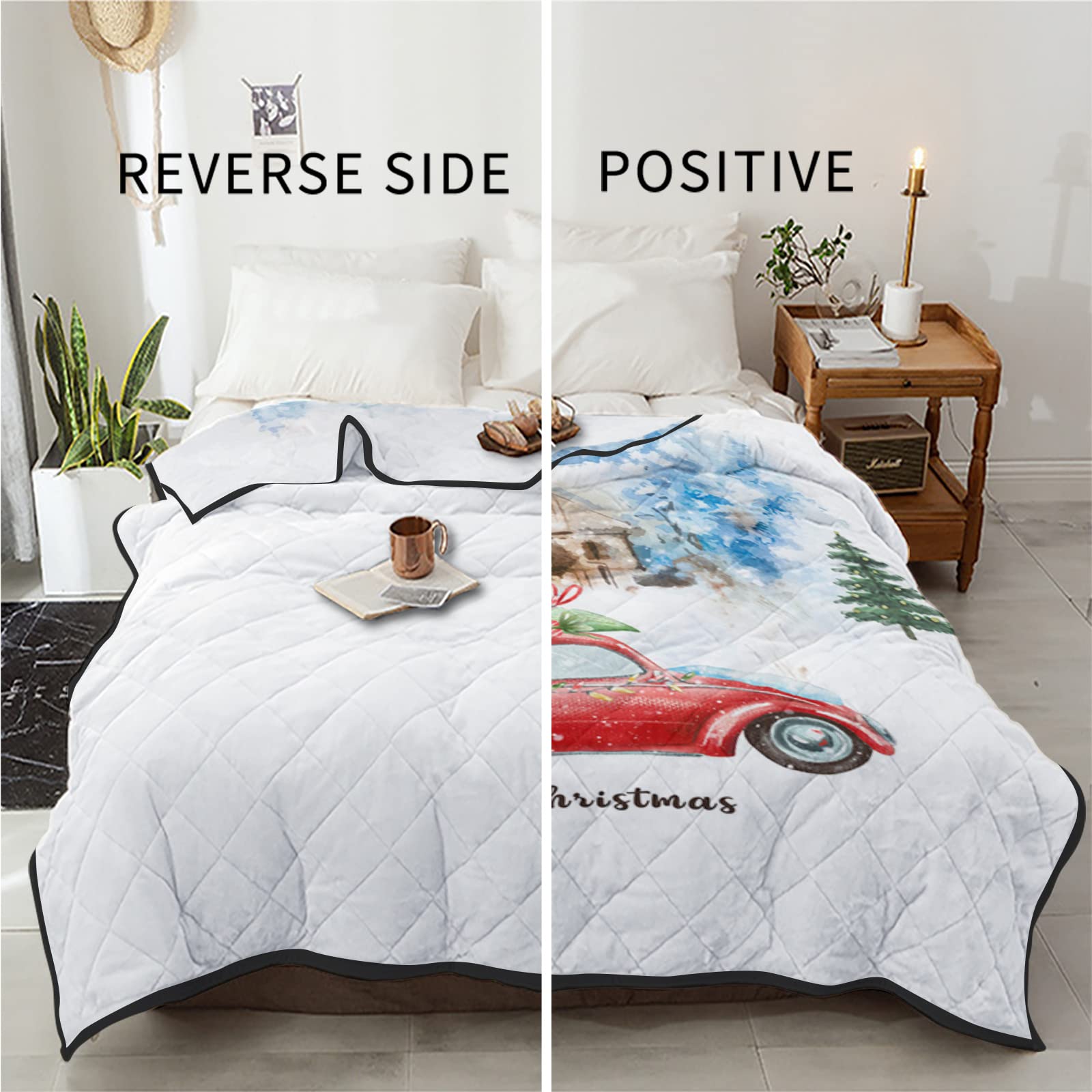 T&H XHome Queen Size Luxury Quilted Comforter - Ultra Soft, Lightweight & Reversible All-Season Bedding Set | Perfect for Christmas Decor, Winter Warmth & Summer Comfort | Snow Village Design with Merry Christmas Truck Pull Gift Theme