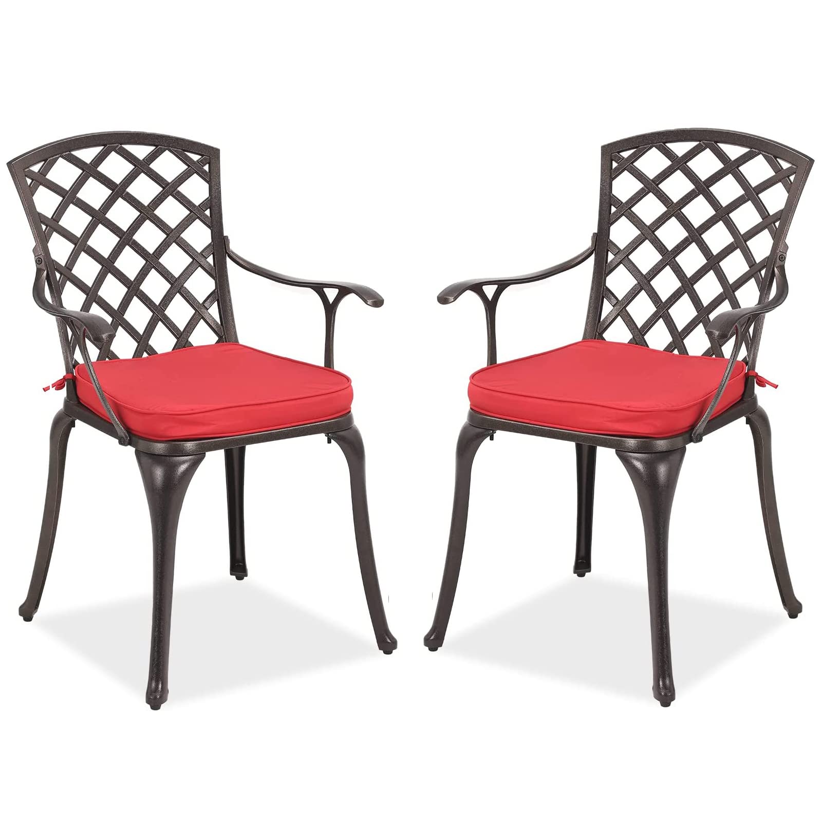 MAGIC UNION 2-Piece Outdoor Dining Chair Set - Cast Aluminum Patio Chairs with Armrests & Red Cushions, High Back Grid Design for Garden, Backyard, Deck - Perfect for Outdoor Dining, Lounging and Entertaining Guests