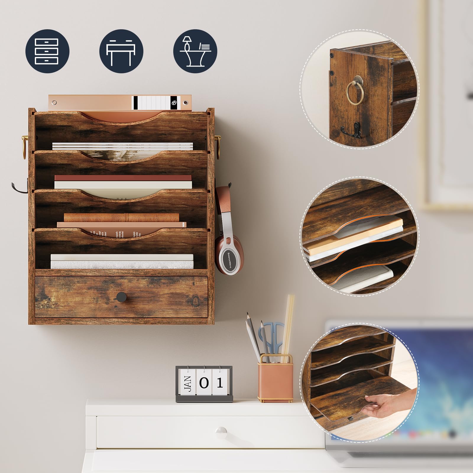 HOOBRO Rustic Brown Wall File Organizer with Drawer Storage & 2 Hooks - Wooden Mail & Literature Organizer for Office, Classroom, Home - Perfect for Organizing Documents, Letters, and Construction Papers on Walls