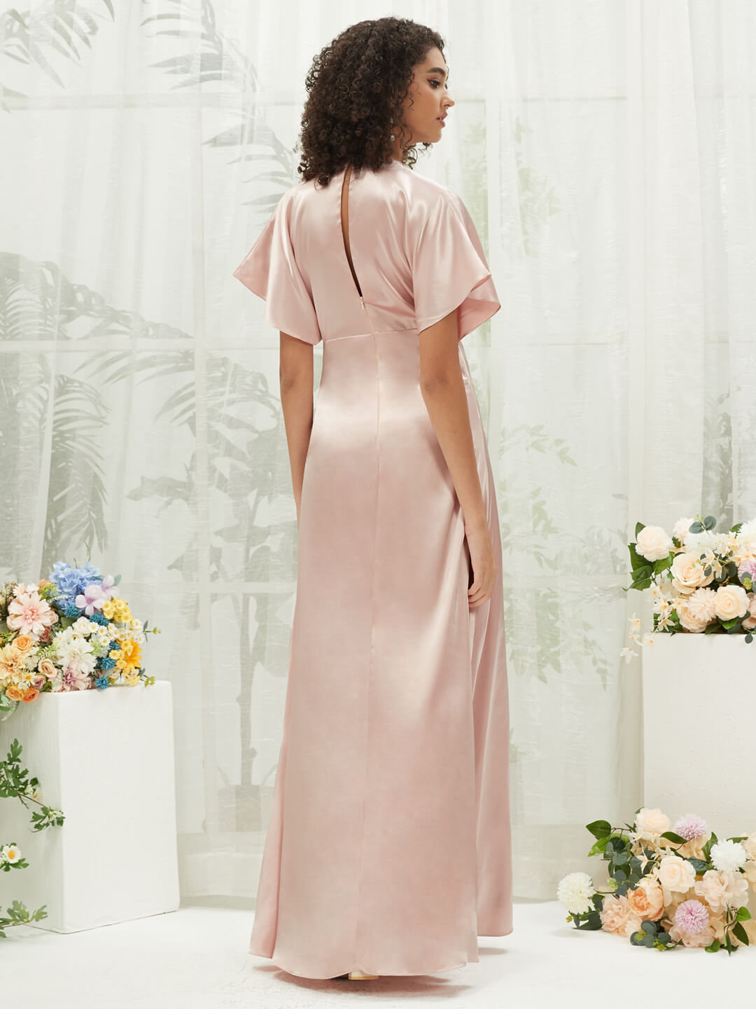 Elegant Blush V-Neck Short Sleeve Satin Maxi Bridesmaid Dress with High Slit - Perfect for Weddings, Formal Events & Special Occasions