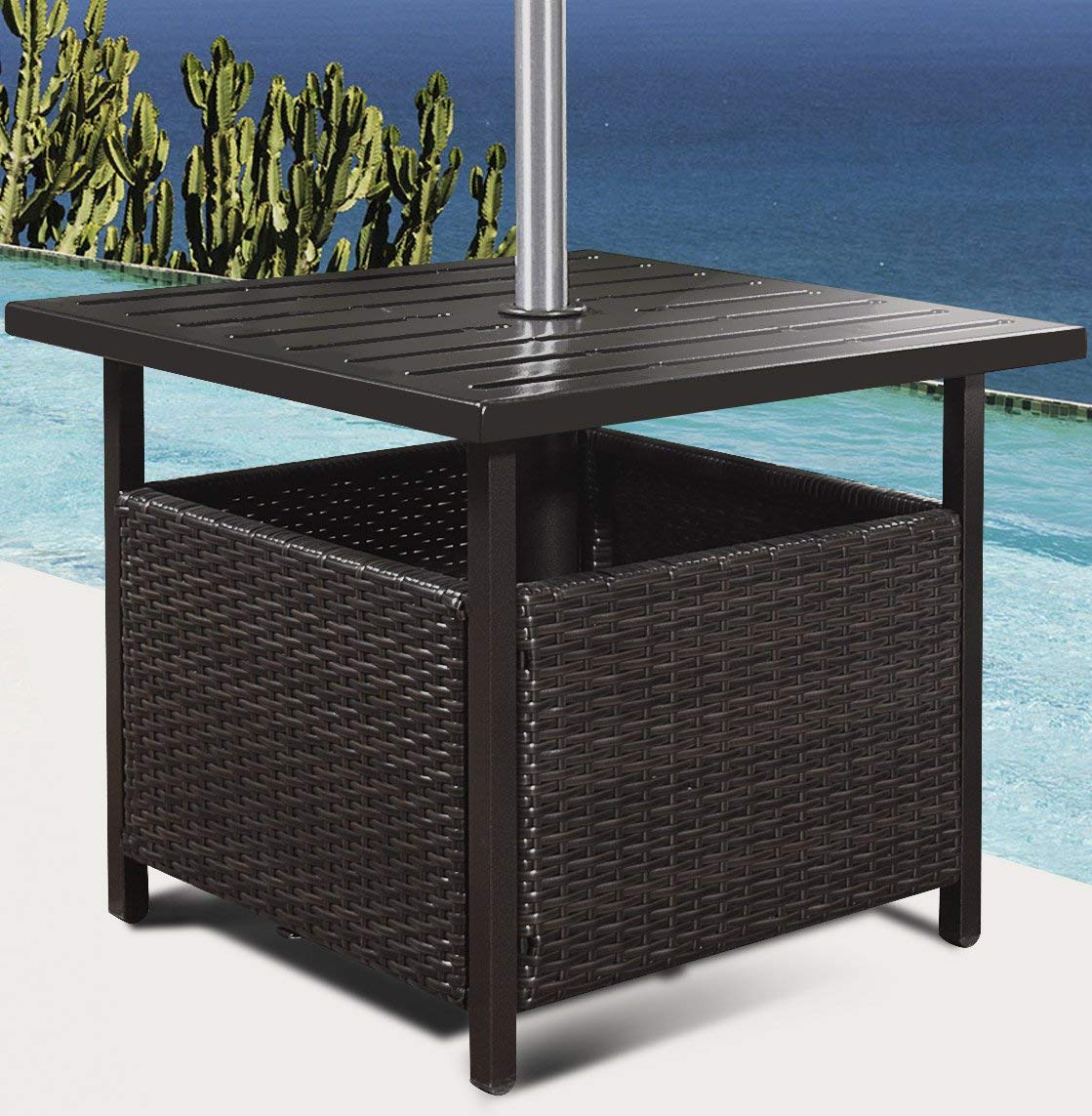 Brown Rattan Patio Side Table with Umbrella Hole - Weather-Resistant Steel Outdoor Furniture for Deck, Garden & Poolside Use - Perfect for Drinks, Books & Outdoor Relaxation