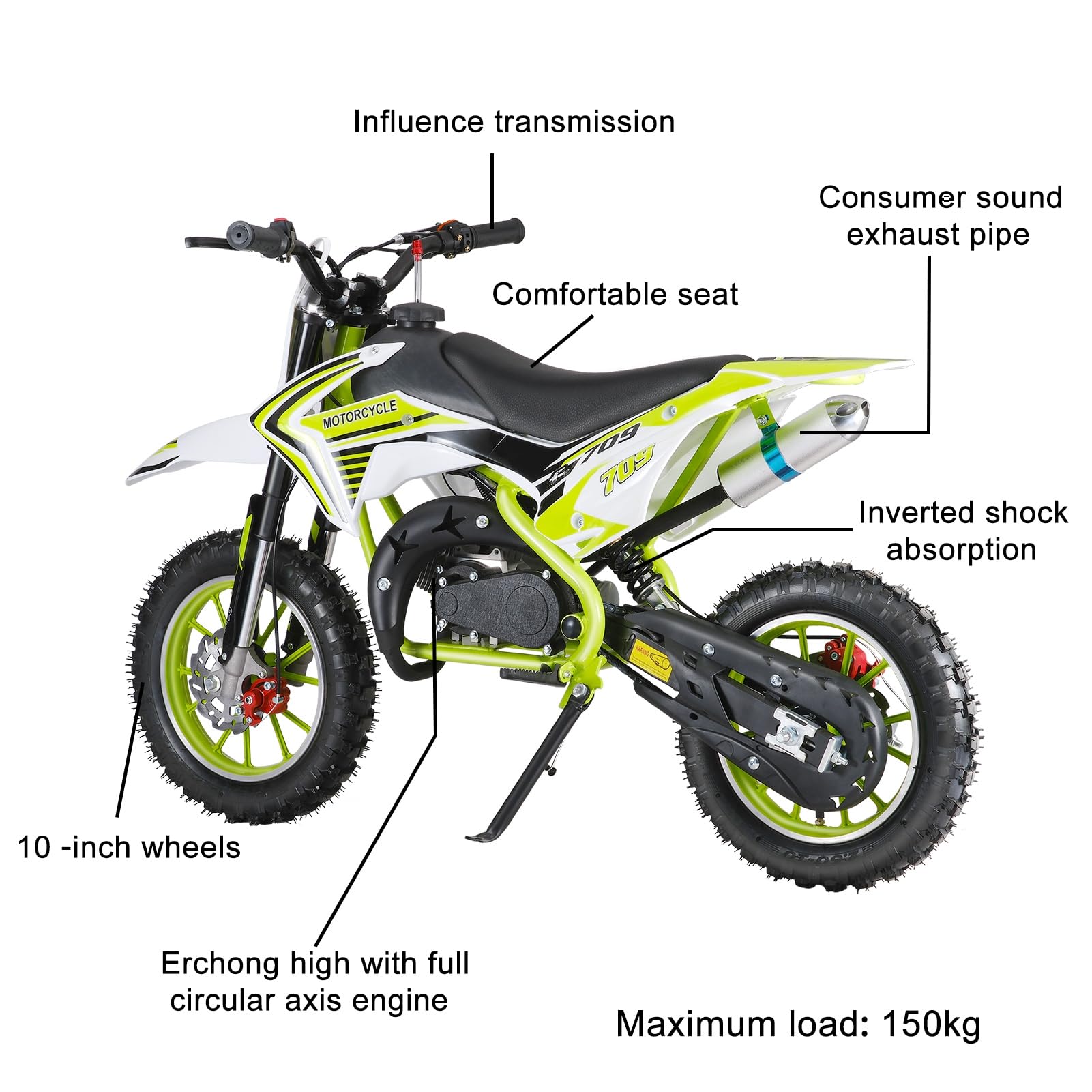 49cc 2-Stroke Gas Powered Kids Dirt Bike - Mini Motorcycle for Off-Road & Motocross - Green Pocket Rocket with Front & Rear Disc Brakes - Perfect for Backyard Riding, Trail Adventures & Youth Racing