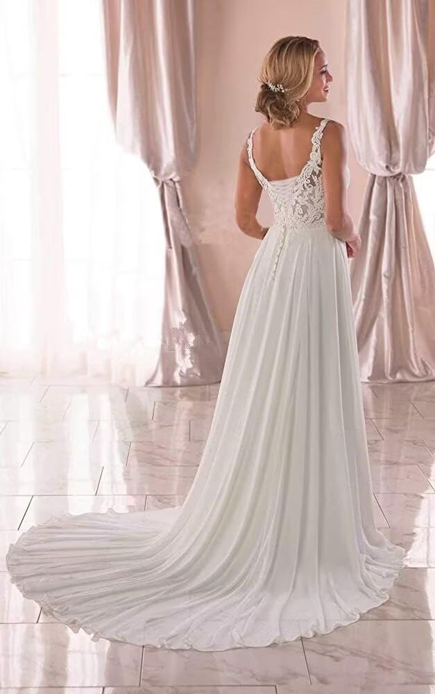 Elegant Chiffon Lace Wedding Dress for Bride - A-Line Beach Bridal Gown with Train & Side Slit | Perfect for Beach Weddings, Outdoor Ceremonies & Romantic Photoshoots