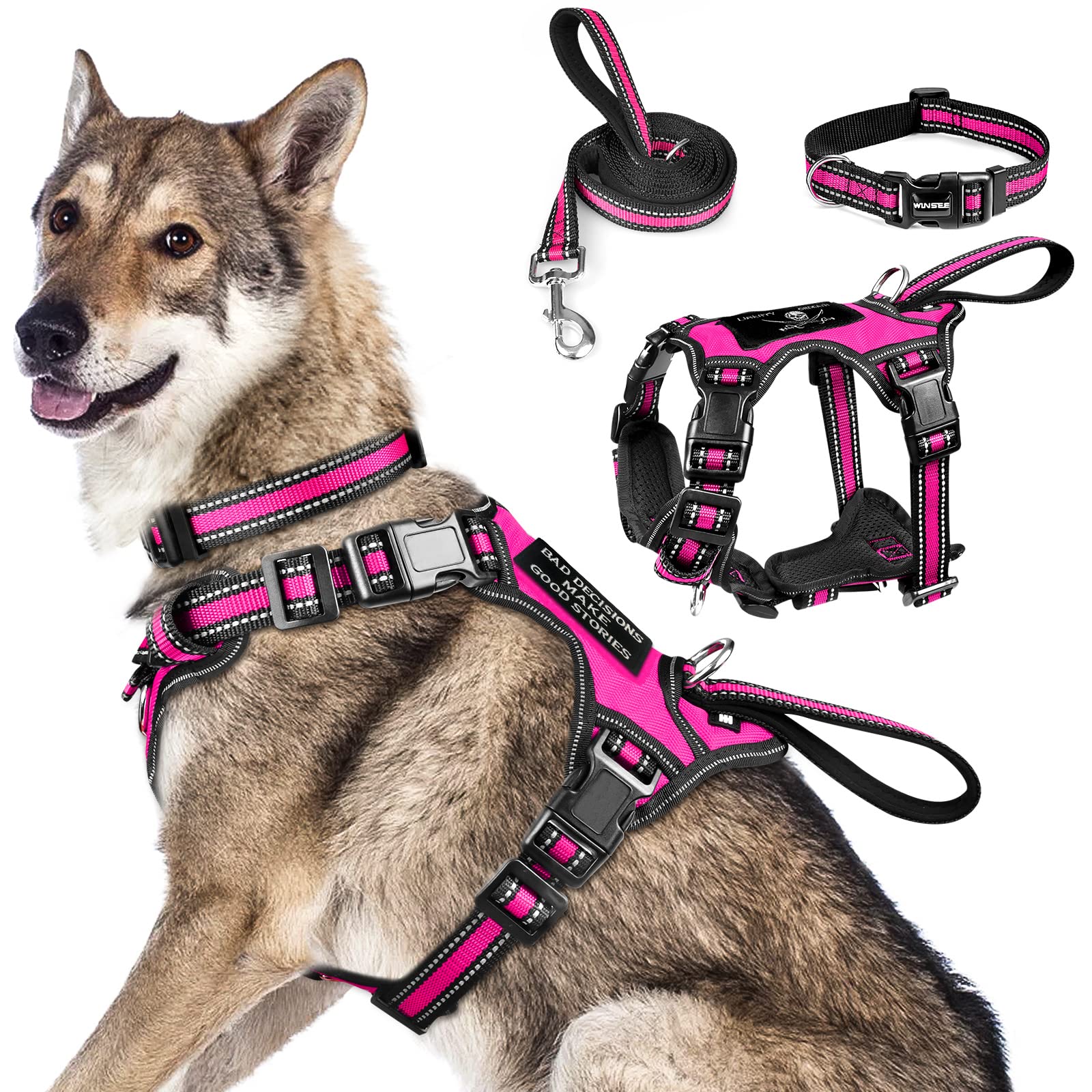 WINSEE Reflective No-Pull Dog Harness with Adjustable Buckles - All-in-One Pet Collar and Leash Set for Puppies, Small, Medium, Large & X-Large Dogs (Rosy) - Perfect for Walking, Training & Outdoor Adventures