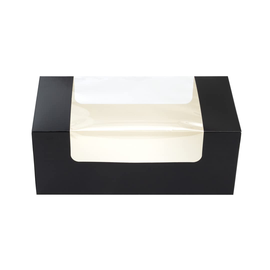 Restaurantware Pastry Tek 9.8 x 4.7 x 3.9 Inch 100-Pack Disposable Donut Boxes with Clear Window | Easy Assembly Black Paper Cookie Packaging for Muffins, Cupcakes & Mini Cakes | Perfect for Bakeries, Cafés & Catering Events