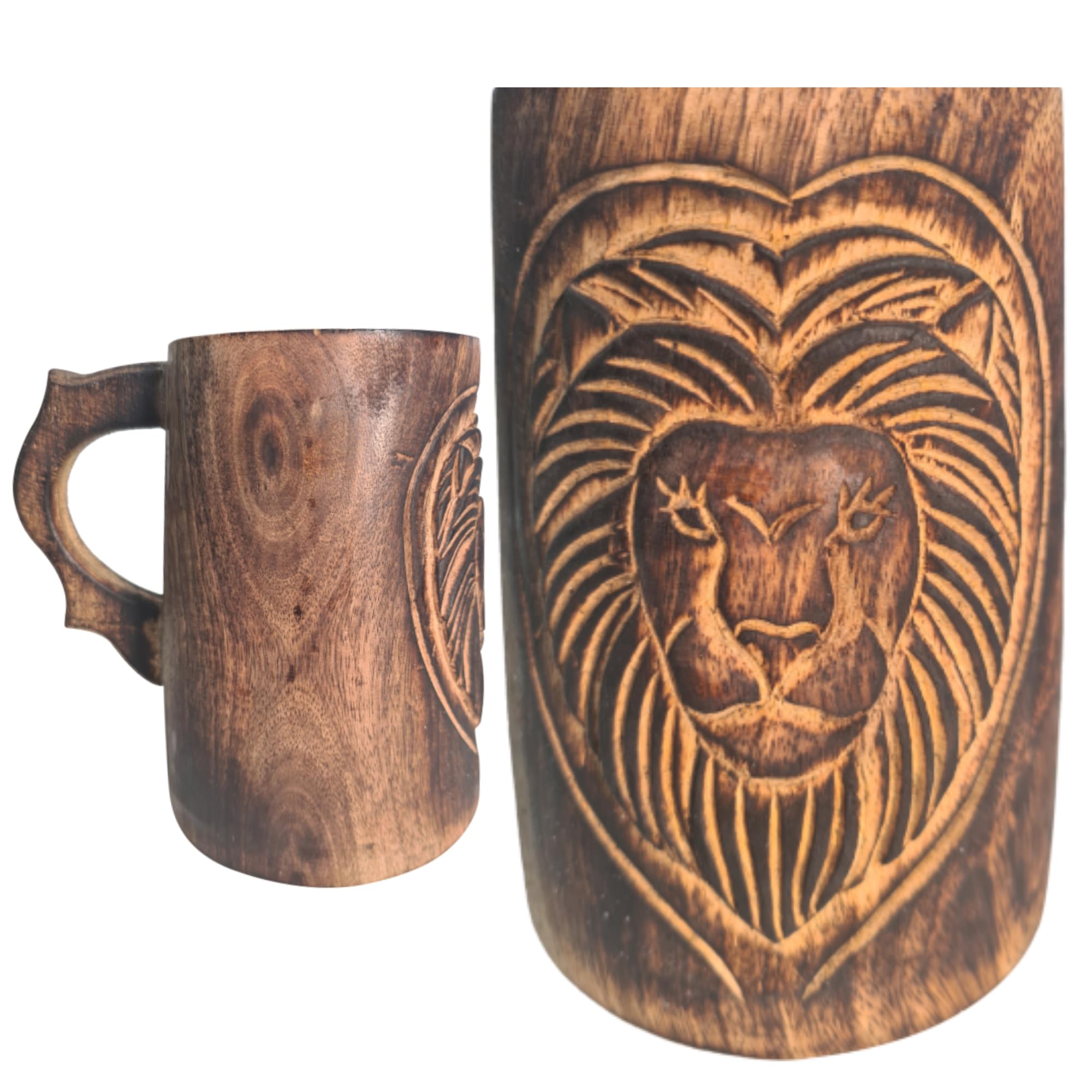 Handmade Vintage Wooden Beer Mug with Lion Design - Wooden Cup for Tea, Beer, Water, Juice & Milk - Unique Collectible for Kitchen, Bar, or Home Decor - Perfect Gift for Beer Lovers & Vintage Enthusiasts