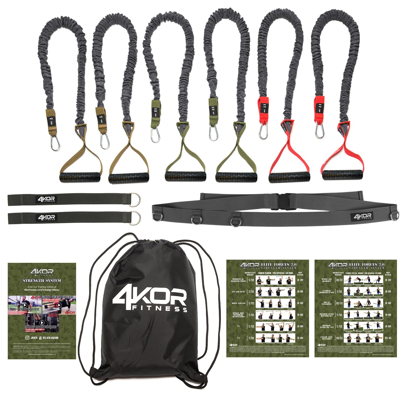 **4KOR Cross Anchor Shoulder Training System - Adjustable Resistance Bands with Handles, Nylon Sleeves & Rubber Grips - Portable Workout Kit for Strength Training, Rehab & Home Fitness - Includes Dynamic Guide & Carry Bag**