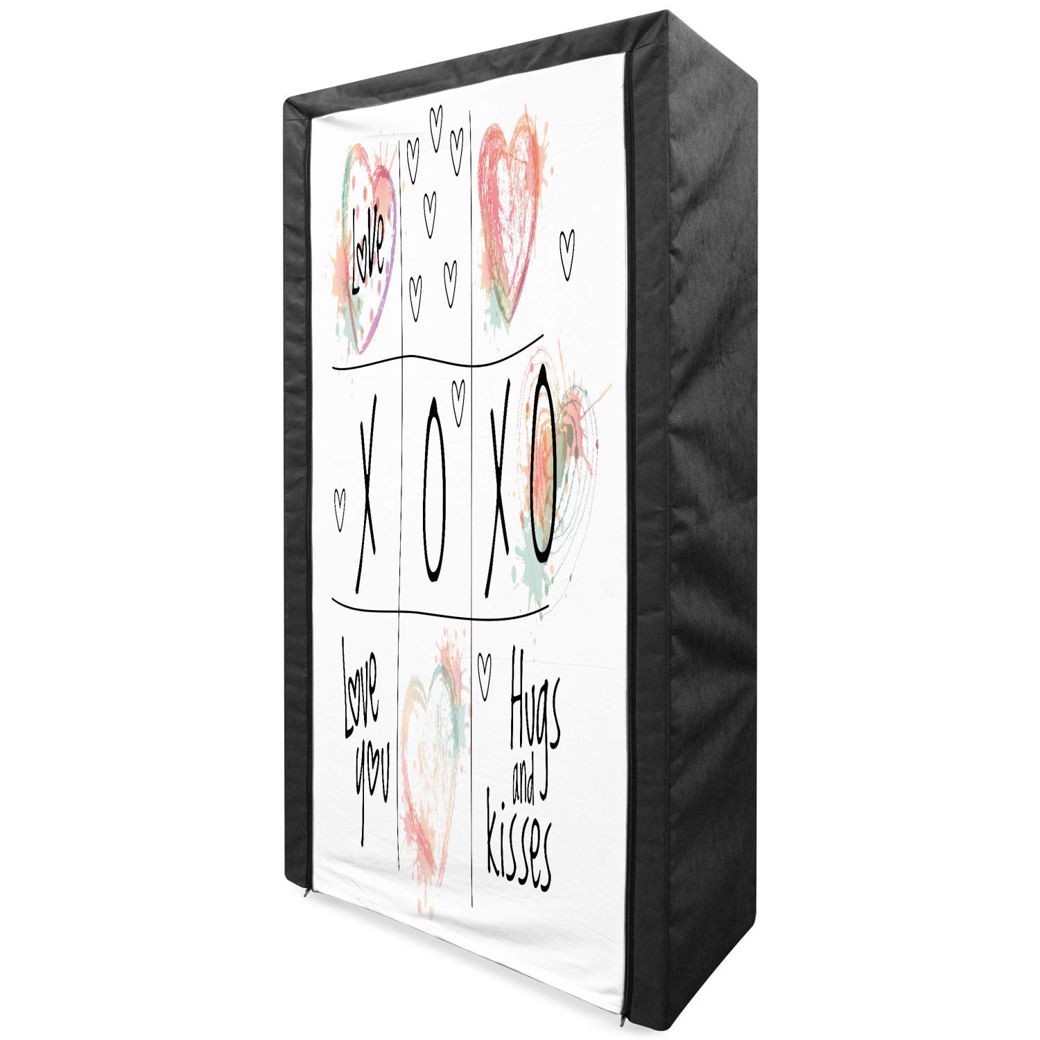 Ambesonne Xo Portable Fabric Wardrobe - Valentine's Day Love You Hugs Kisses Watercolor Heart Art Clothing Organizer with Shelves, 33.5 Inch Mint Green & White - Perfect for Bedroom Closet Storage, Dorm Room Organization, and Travel Garment Storage