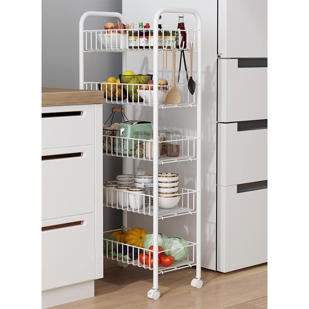 5-Tier Slim Rolling Cart with Slide-Out Storage Shelf & Wheels - Mobile Organizer with Mesh Baskets, Easy Assembly Shelving Unit for Kitchen, Bathroom, Office, Dorm - Space Saving Design (43 x 26 x 105cm) - Perfect for Small Spaces, Pantry Organization & Bathroom Storage
