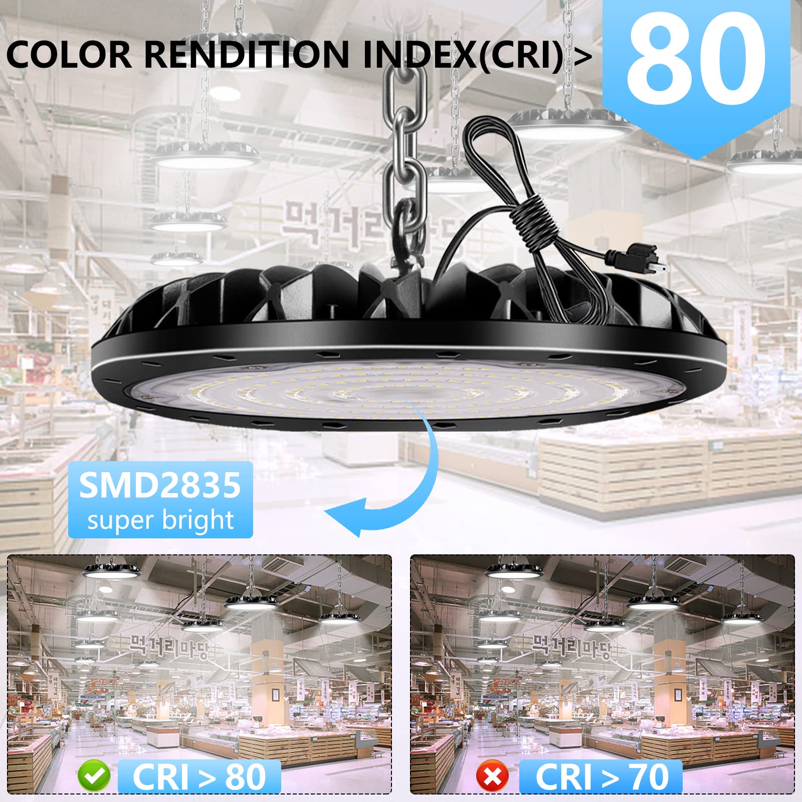 300W LED UFO High Bay Light 2 Pack - 6000K Daylight White, 30000LM Commercial Grade Lighting with 1.2M Cable & 110V Plug - Dimmable LED Garage Lights for Workshop, Warehouse, Factory, Gym, Retail Stores - Energy Saving Ceiling Shop Lights