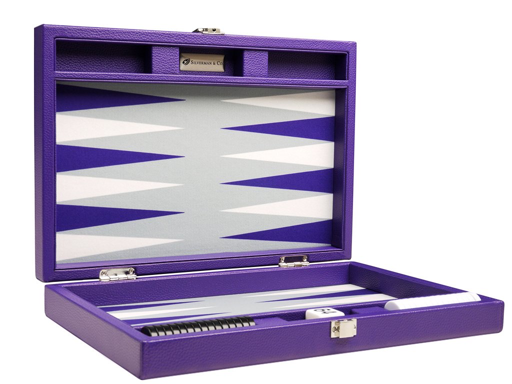 Premium 13-Inch Travel Backgammon Set - Purple Game Board with Grey Field & White/Purple Points | Portable Board Game for Camping, Beach, Picnics & Family Game Nights