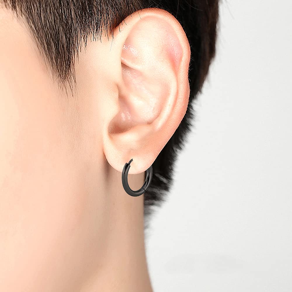 Xihuimay 5 Pairs Titanium Steel Hoop Earrings - 16mm Round Wire Huggie Leverback Earrings for Women & Men (Black) | Cartilage, Tragus & Everyday Wear