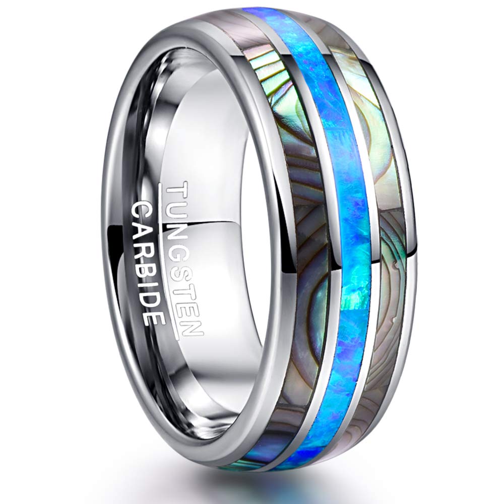 GALANI 8mm Silver Tungsten Carbide Wedding Ring for Men & Women - Comfort Fit Size 5-15 with Created Opal & Abalone Shell Inlay - Durable Dome Band for Anniversary, Engagement & Everyday Wear