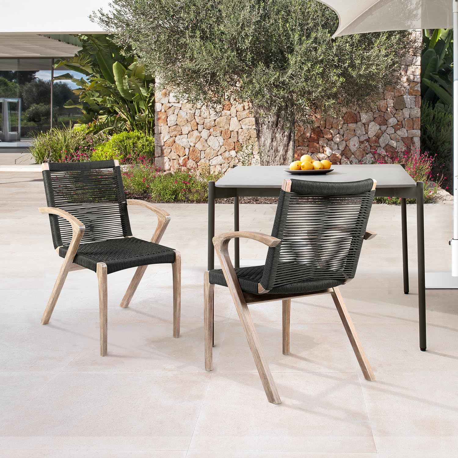 ARMEN LIVING Brielle Outdoor Patio Charcoal Rope Arm Chairs (Set of 2) - Teak Finish Weather-Resistant Lounge Chairs for Garden, Poolside & Backyard Relaxation